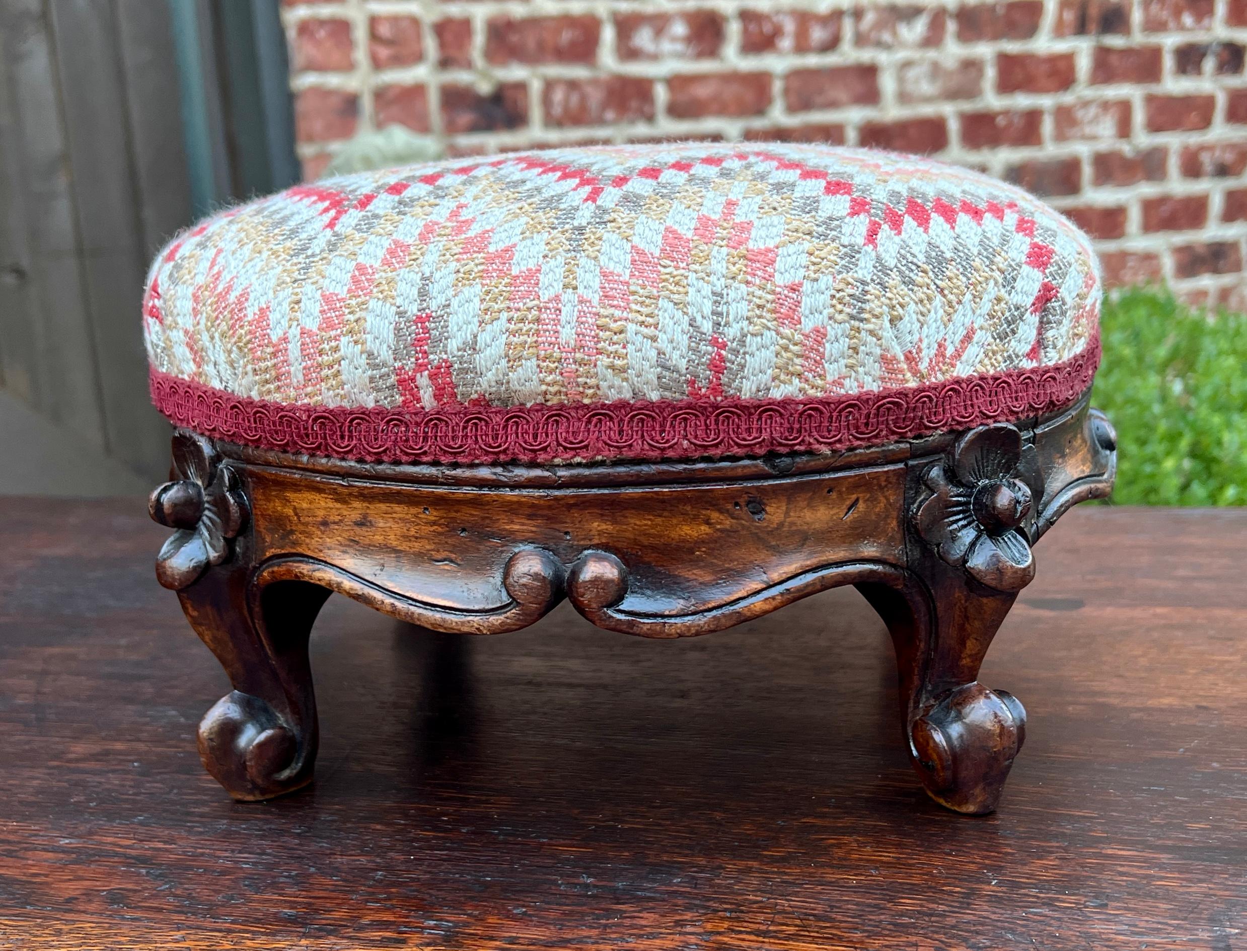 Antique English Upholstered Footstool Bench Stool Round Walnut c. 1920s-30s 1