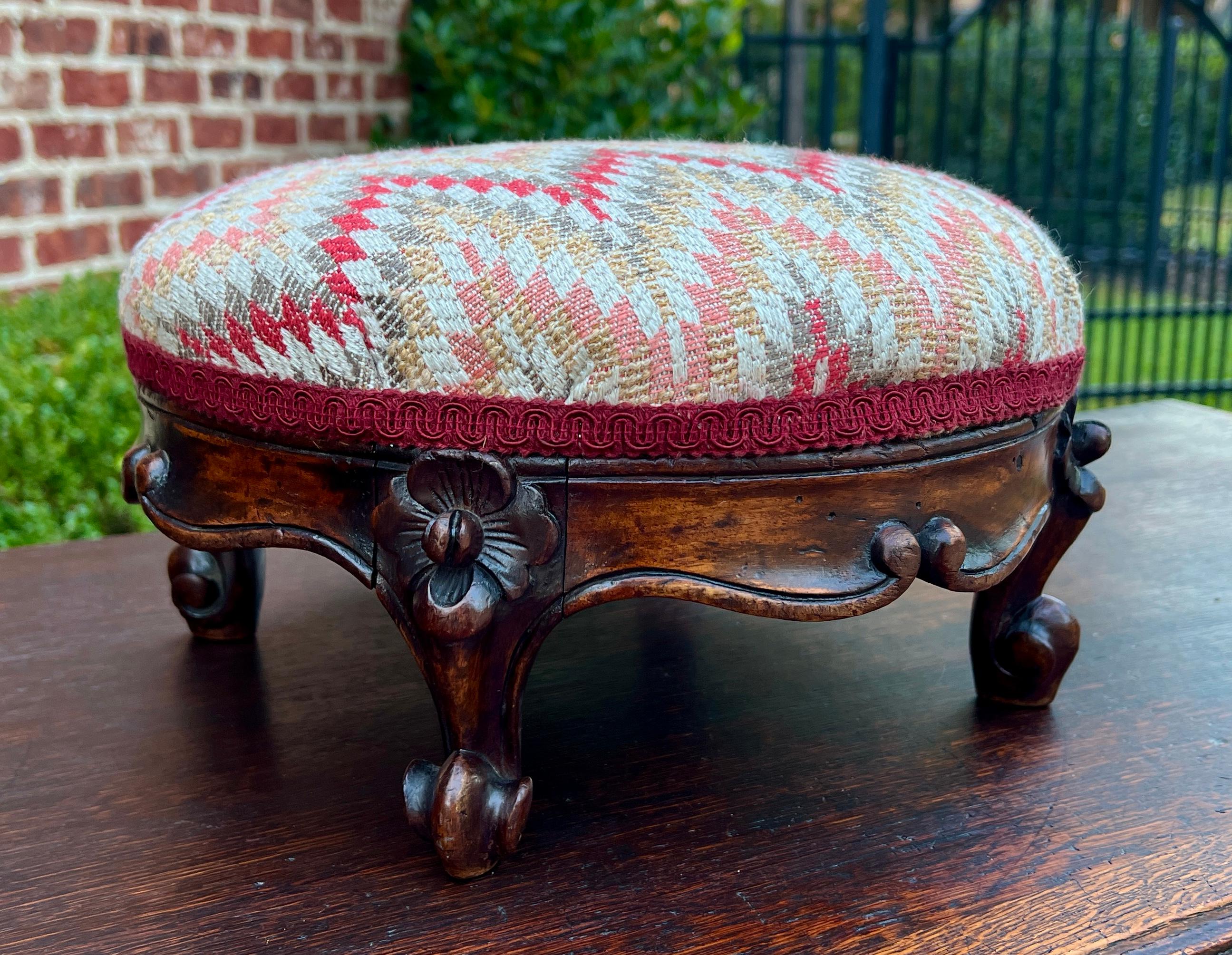 Antique English Upholstered Footstool Bench Stool Round Walnut c. 1920s-30s 2