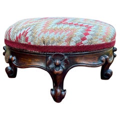 Antique English Upholstered Footstool Bench Stool Round Walnut c. 1920s-30s