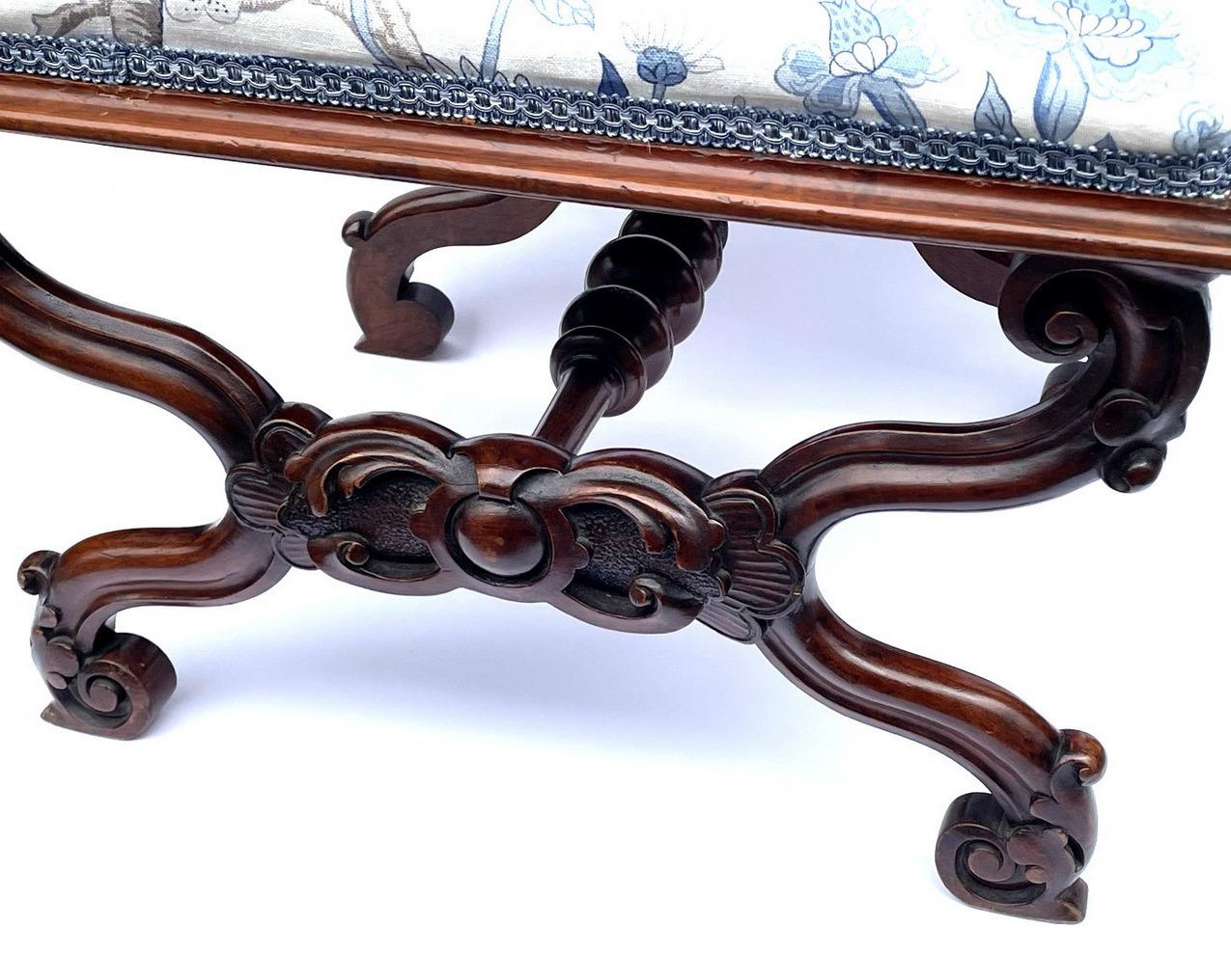 Polished Antique English Upholstered Hand Carved Mahogany Stool, 19th Century