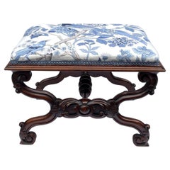 Antique English Upholstered Hand Carved Mahogany Stool, 19th Century
