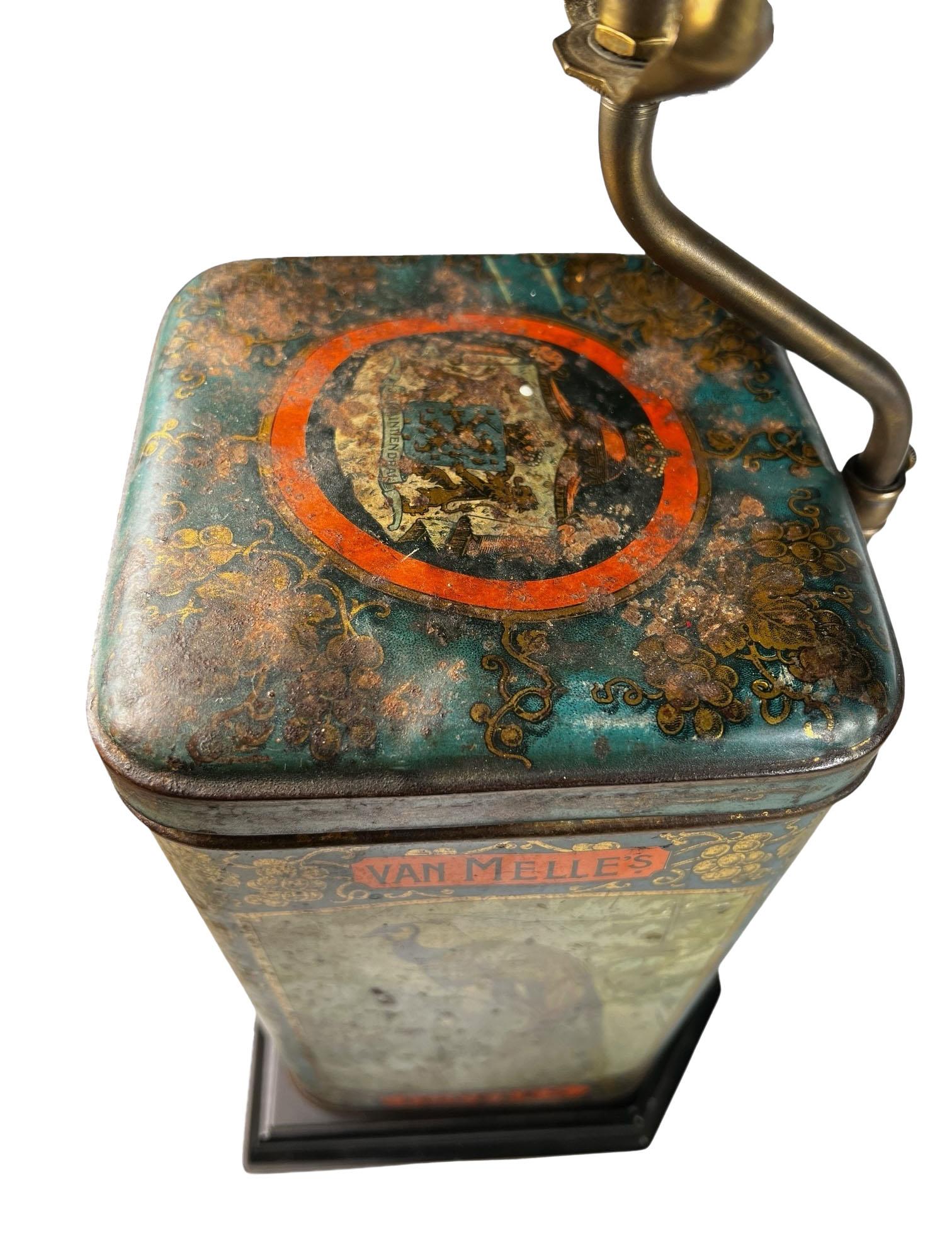 Antique English Van Melle's Toffees Tin Table Lamp With Parrots For Sale 5
