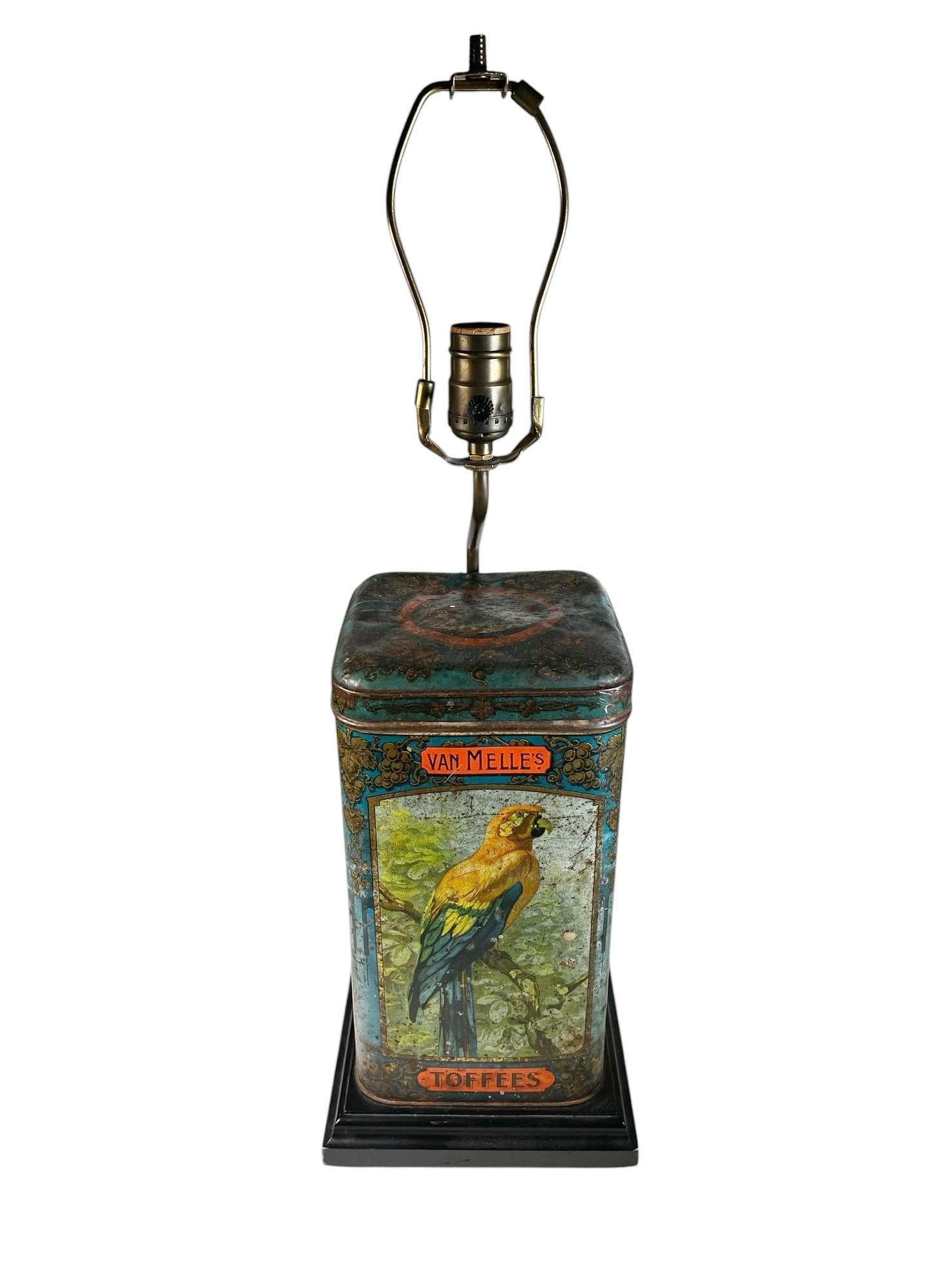 Late 19th Century Antique English Van Melle's Toffees Tin Table Lamp With Parrots For Sale