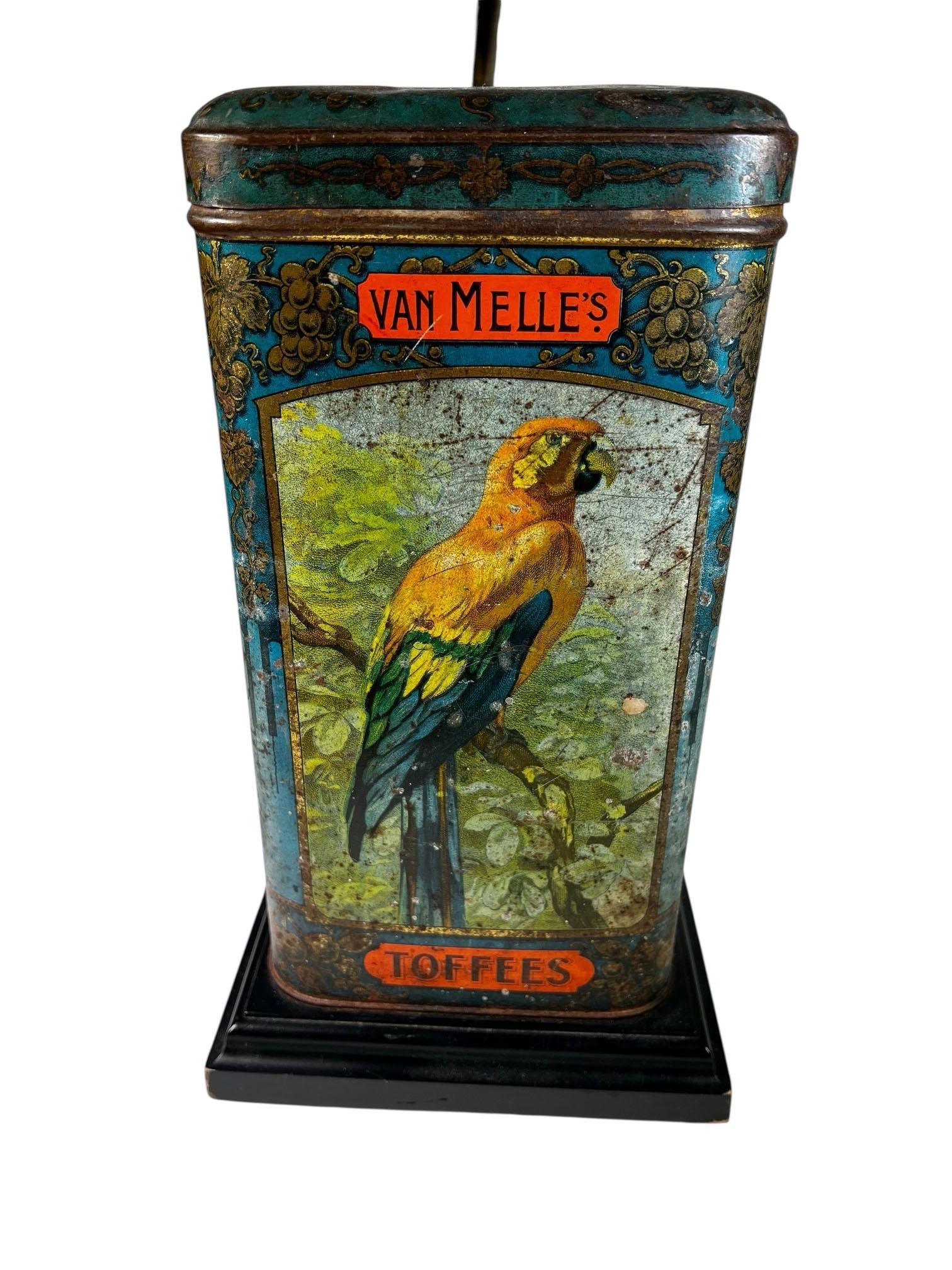 Metal Antique English Van Melle's Toffees Tin Table Lamp With Parrots For Sale