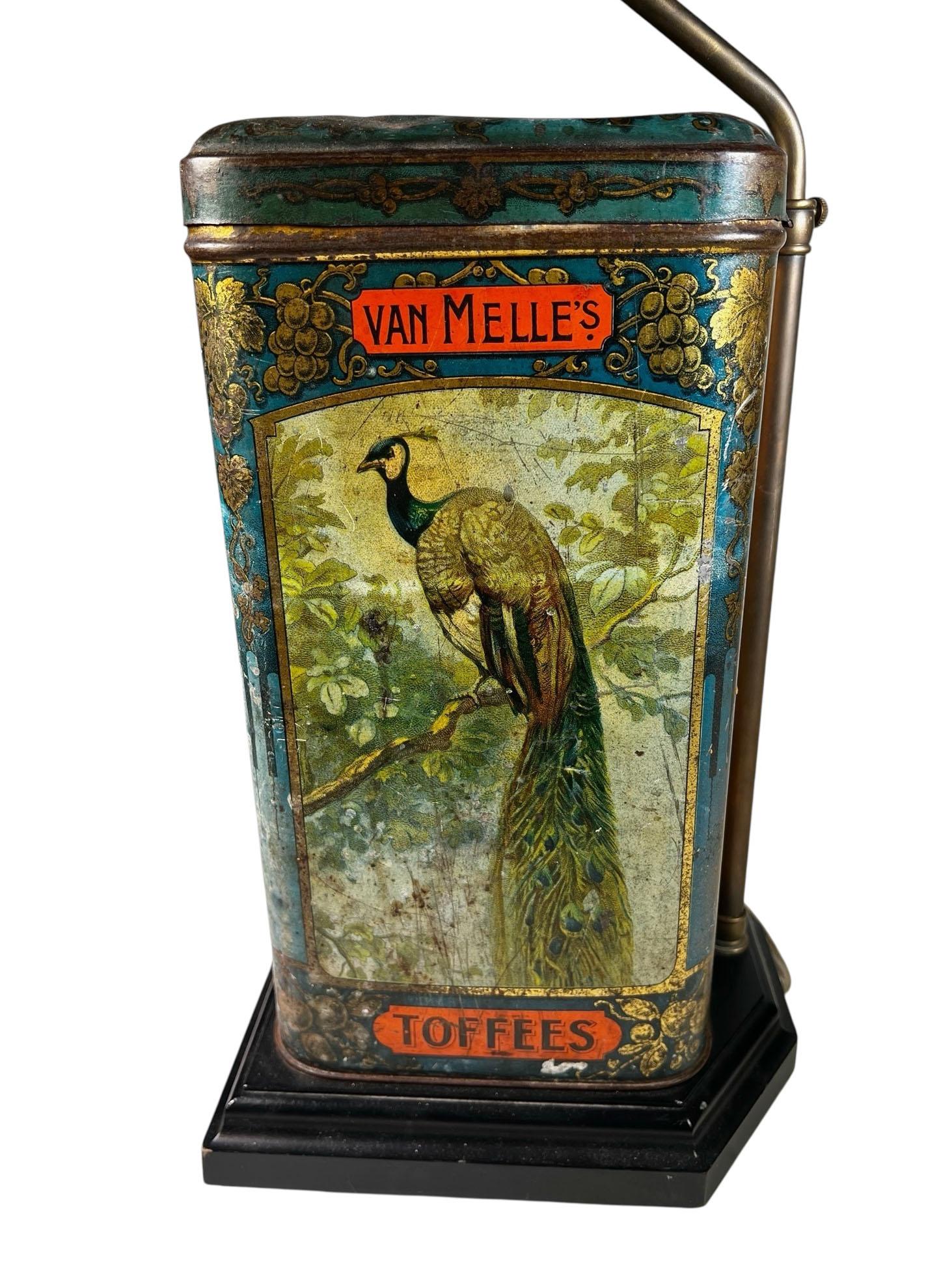 Antique English Van Melle's Toffees Tin Table Lamp With Parrots For Sale 1