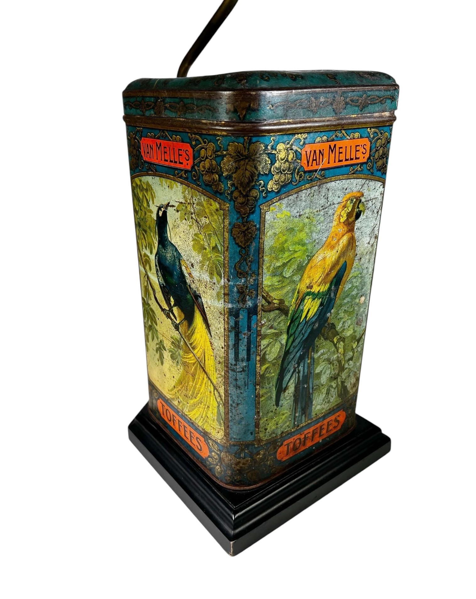 Antique English Van Melle's Toffees Tin Table Lamp With Parrots For Sale 2