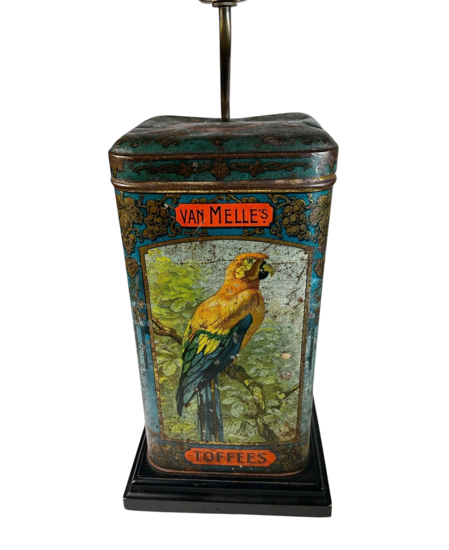 Antique English Van Melle's Toffees Tin Table Lamp With Parrots For Sale 3