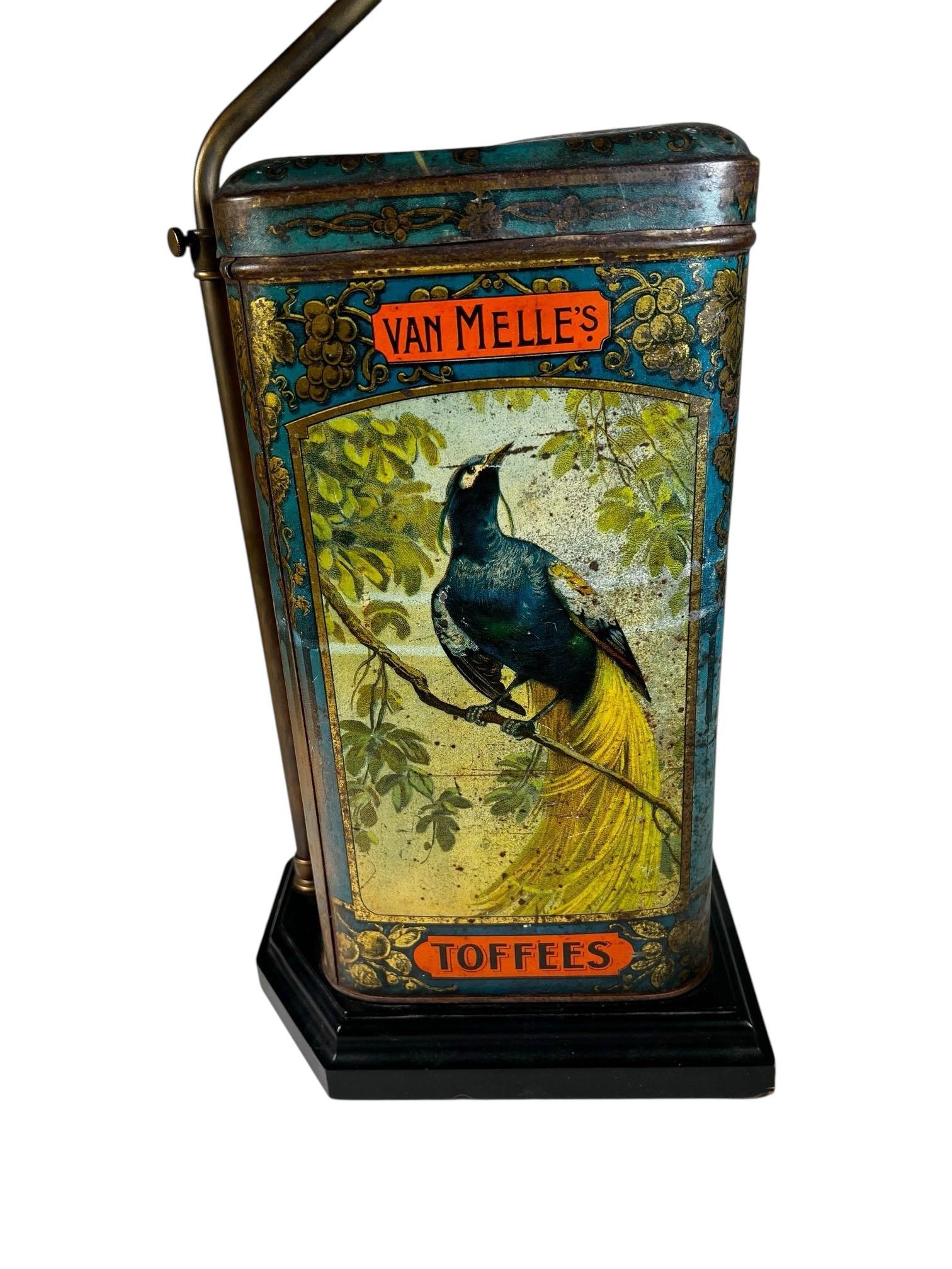 Antique English Van Melle's Toffees Tin Table Lamp With Parrots For Sale 4