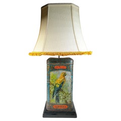 Antique English Van Melle's Toffees Tin Table Lamp With Parrots