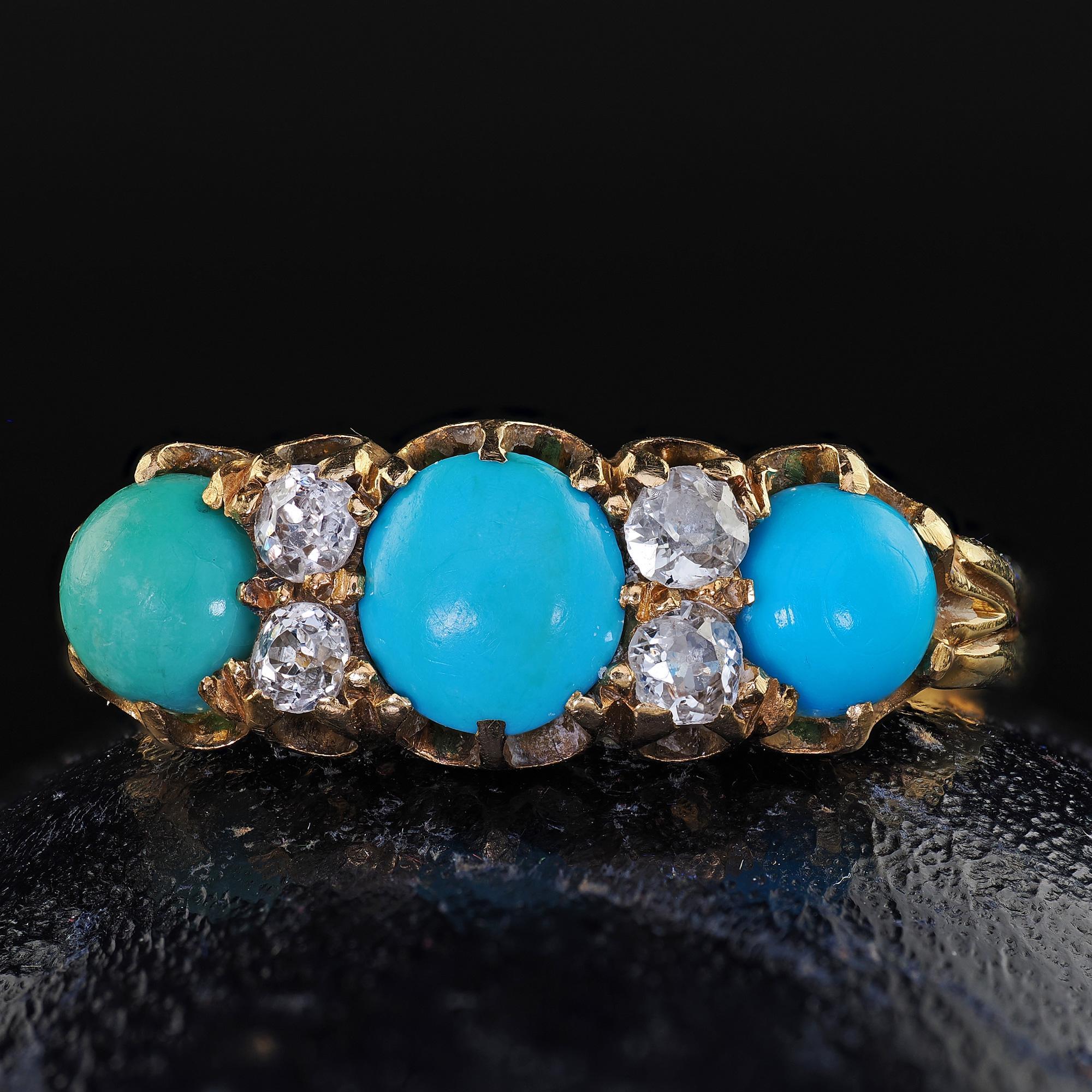 Beautiful Antique English Victorian 18K Yellow Gold Turquoise Old Mine Diamond Ring. This gorgeous Victorian turquoise and diamond ring is crafted in 18k yellow gold. This ring features natural turquoise and old mine cut diamonds set on top of a