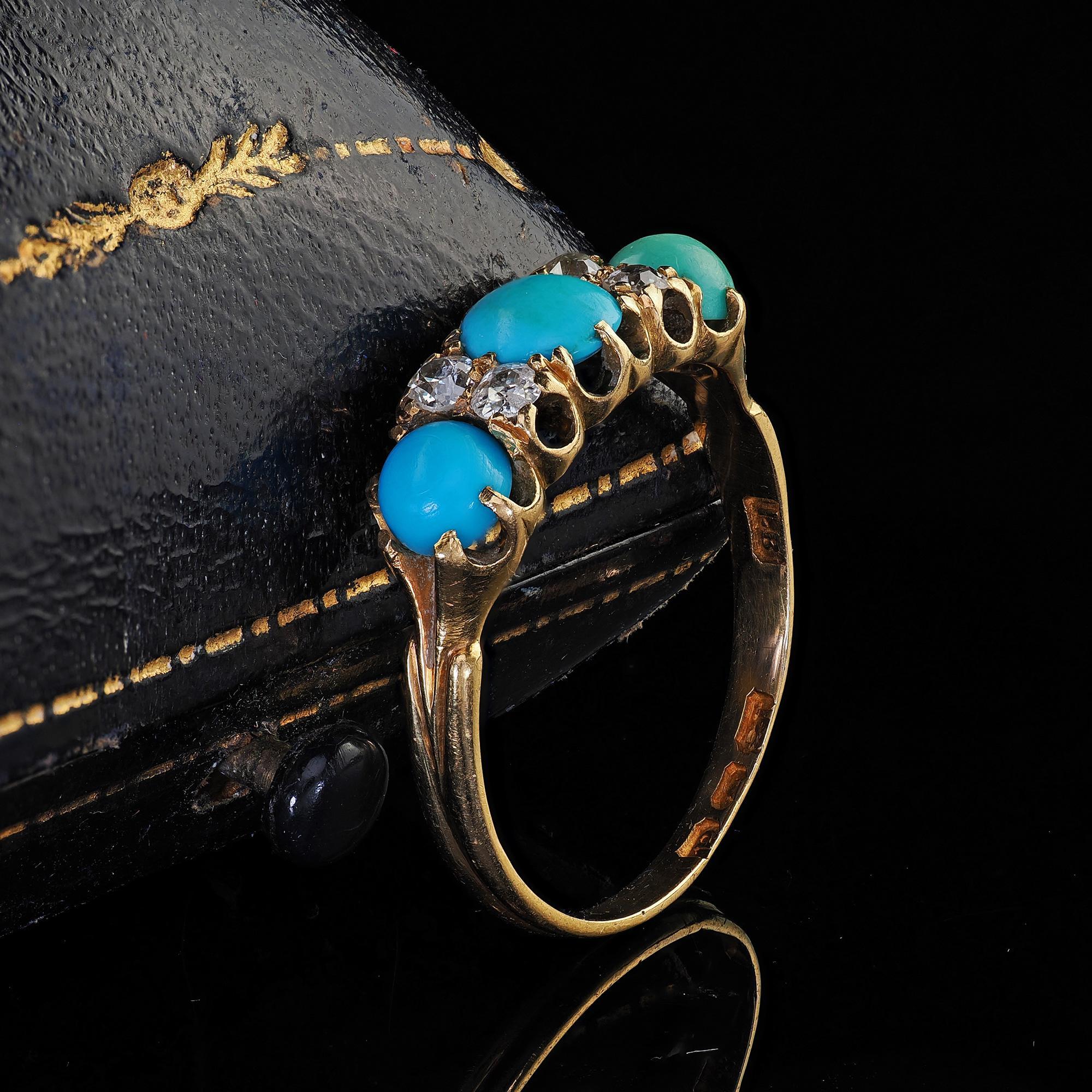 Cabochon Antique English Victorian 18K Yellow Gold Turquoise Old Mine Diamond Ring For Sale