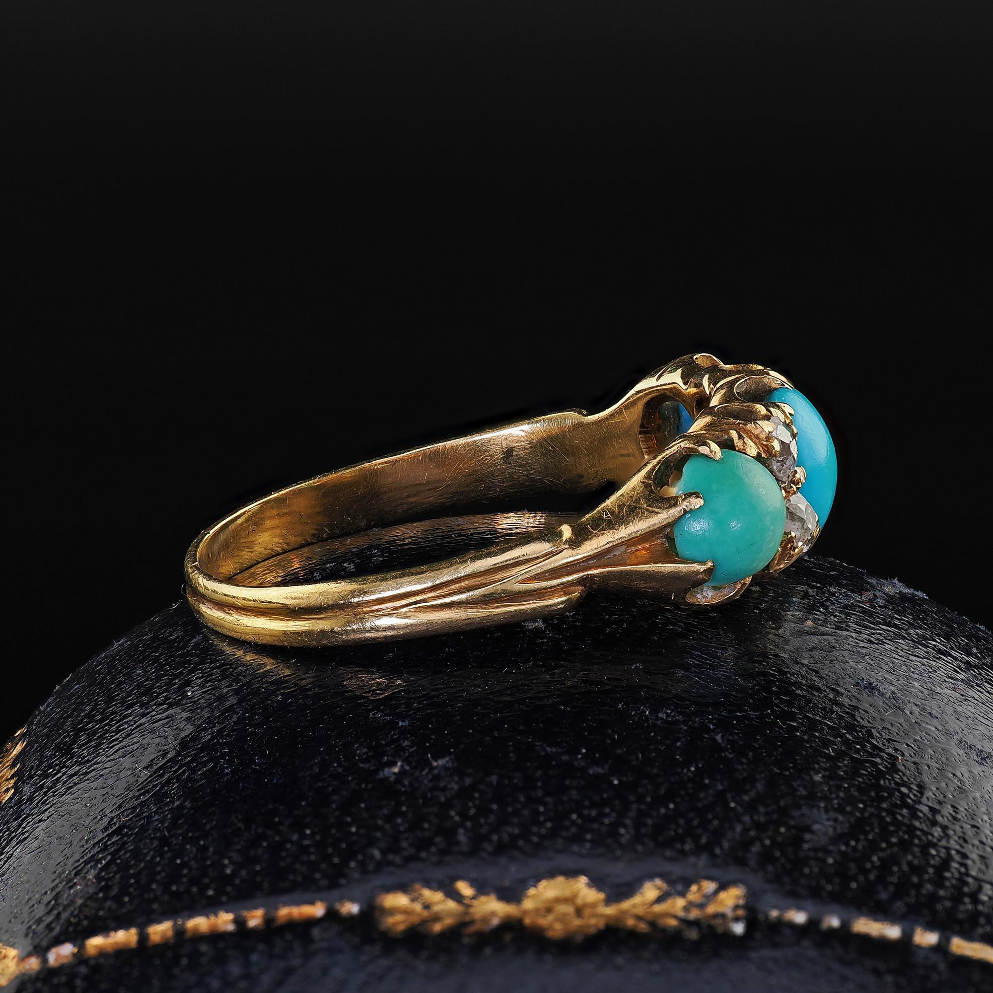 Antique English Victorian 18K Yellow Gold Turquoise Old Mine Diamond Ring In Good Condition For Sale In Great Neck, NY