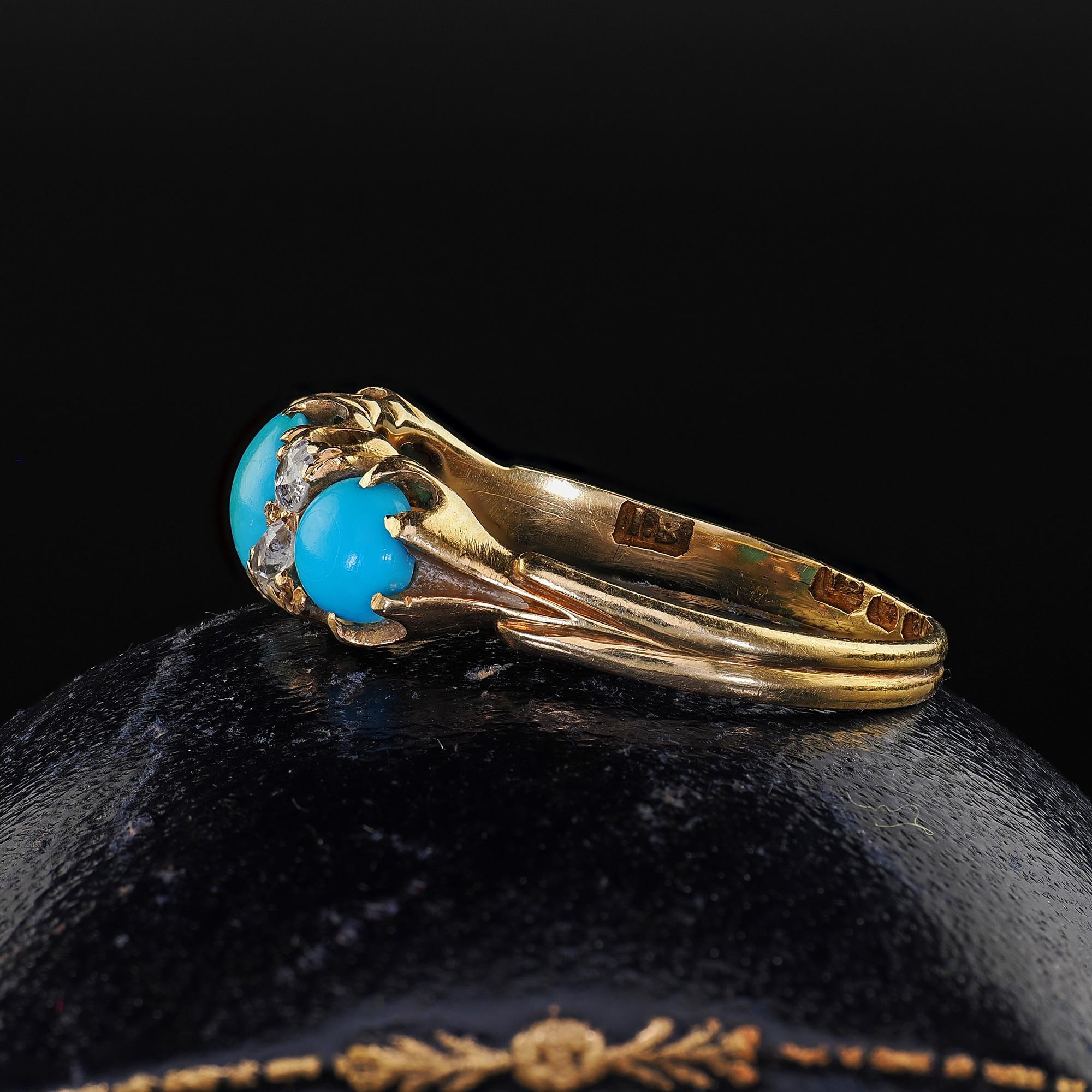 Women's Antique English Victorian 18K Yellow Gold Turquoise Old Mine Diamond Ring For Sale