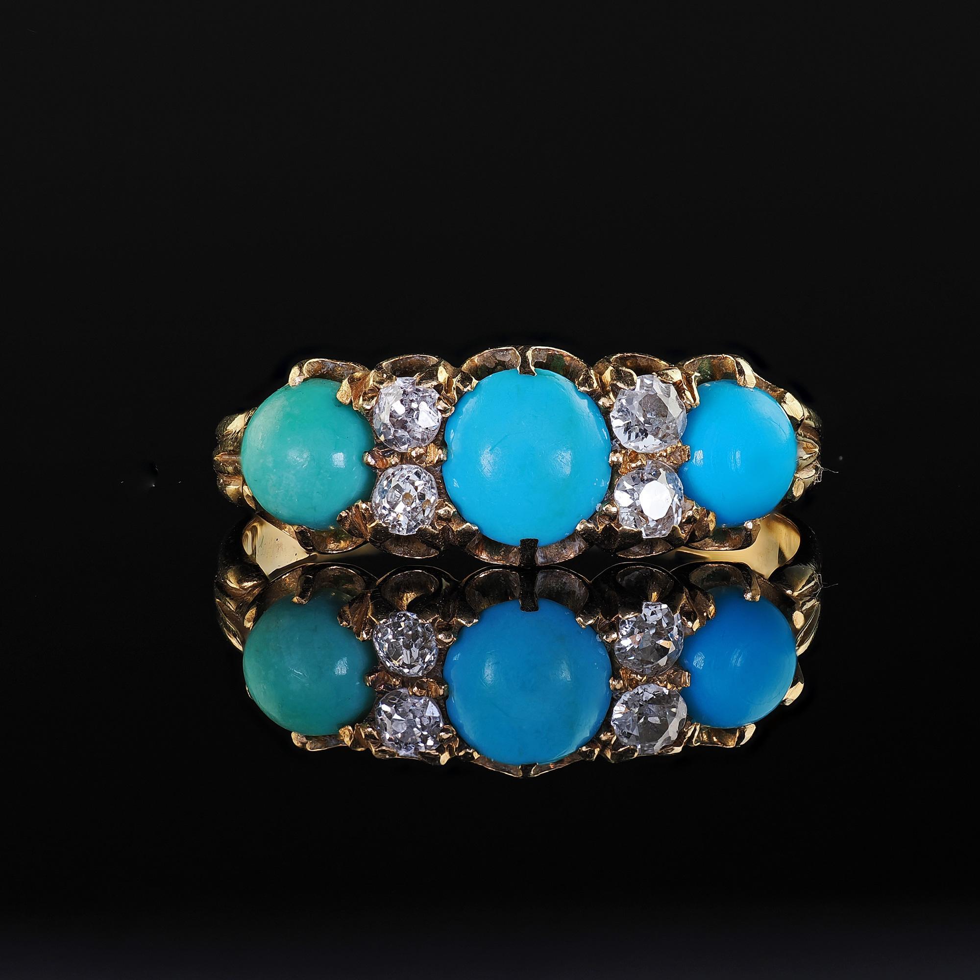 Antique English Victorian 18K Yellow Gold Turquoise Old Mine Diamond Ring For Sale 1