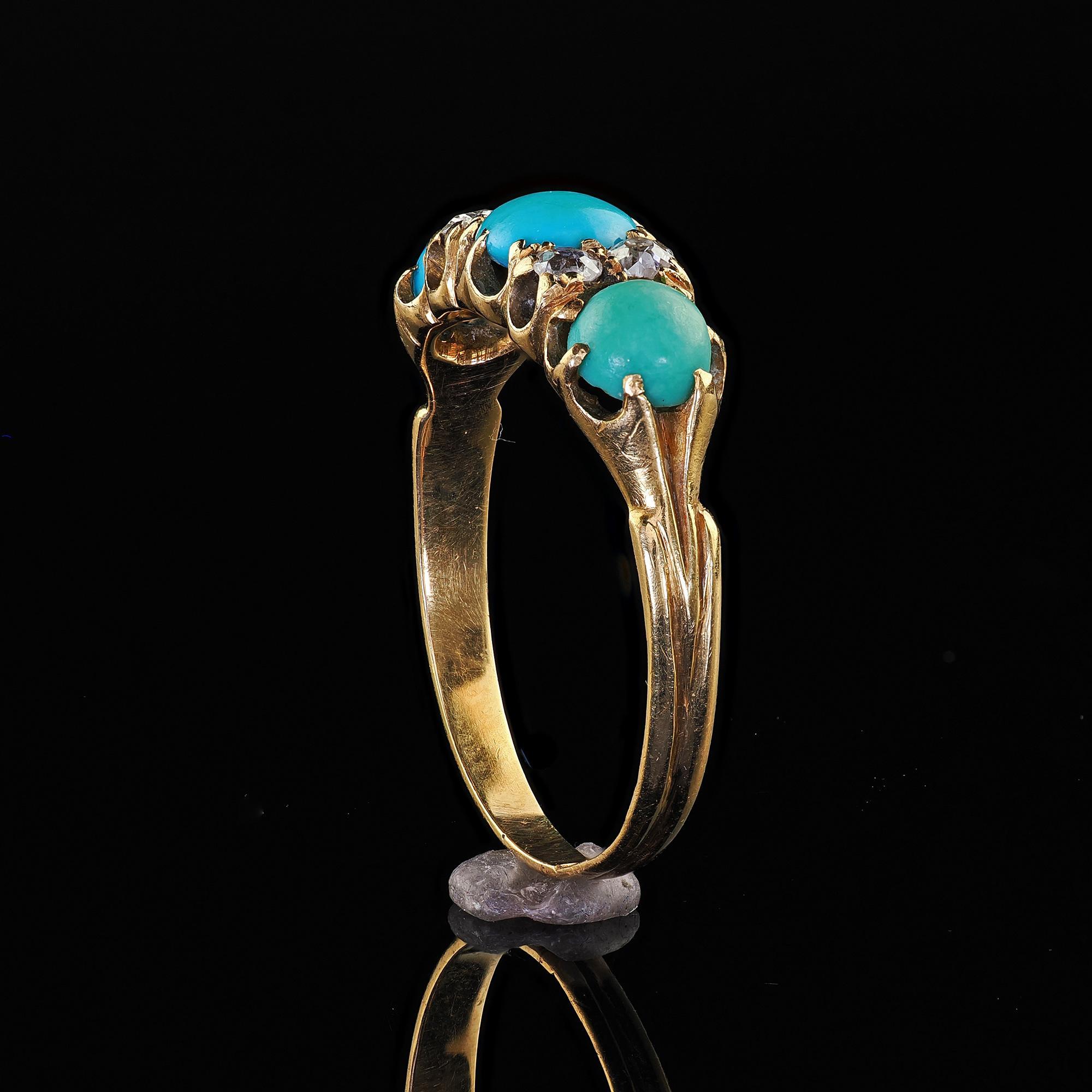 Antique English Victorian 18K Yellow Gold Turquoise Old Mine Diamond Ring For Sale 3