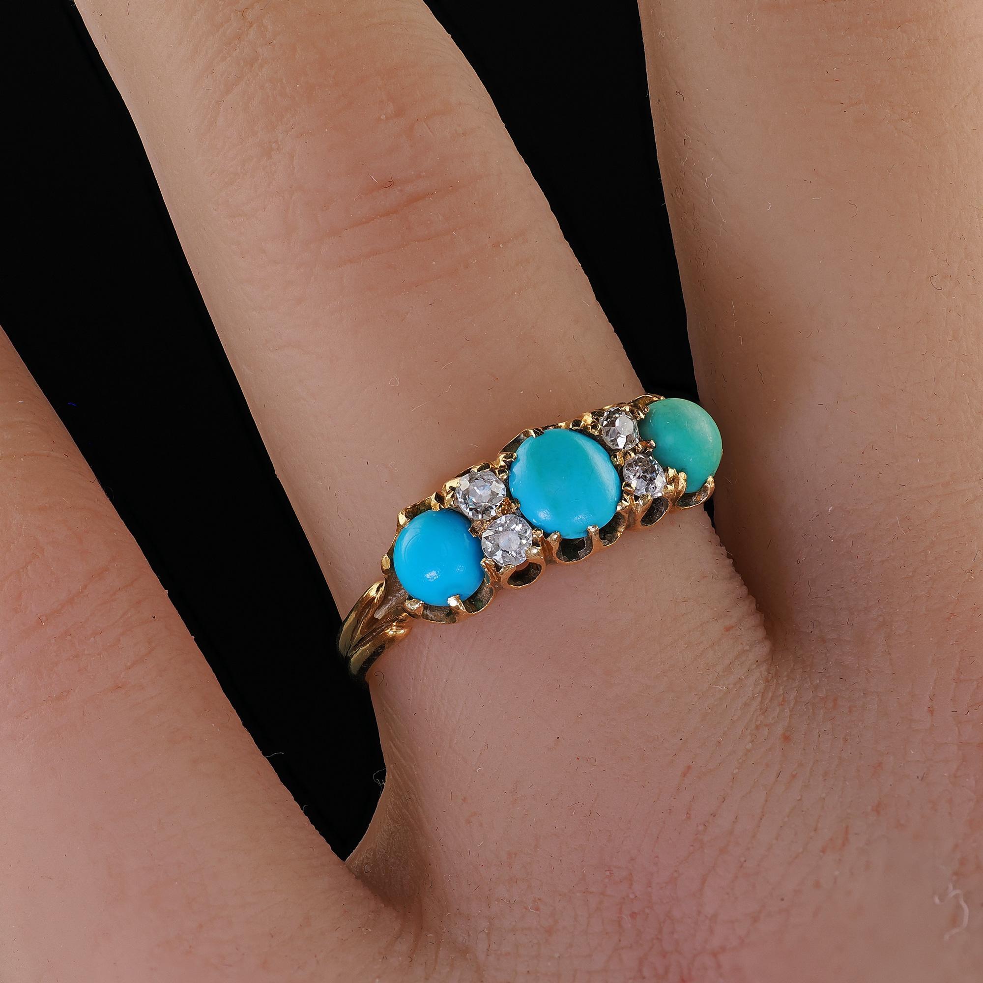 Antique English Victorian 18K Yellow Gold Turquoise Old Mine Diamond Ring For Sale 4