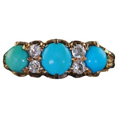 Antique English Victorian 18K Yellow Gold Turquoise Old Mine Diamond Ring