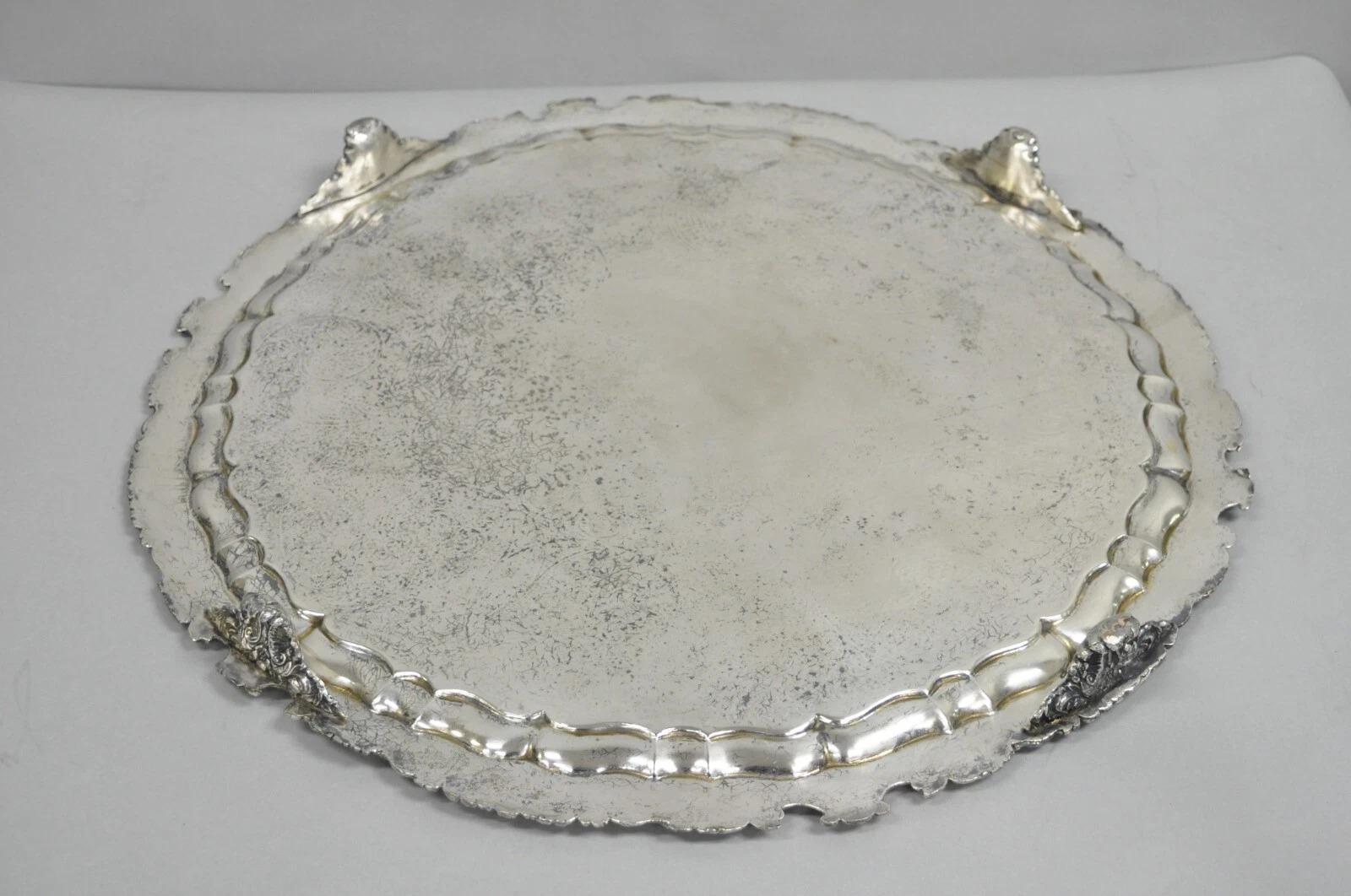 Ancien plateau de service rond de 22 pouces en métal argenté de style victorien anglais en vente 3