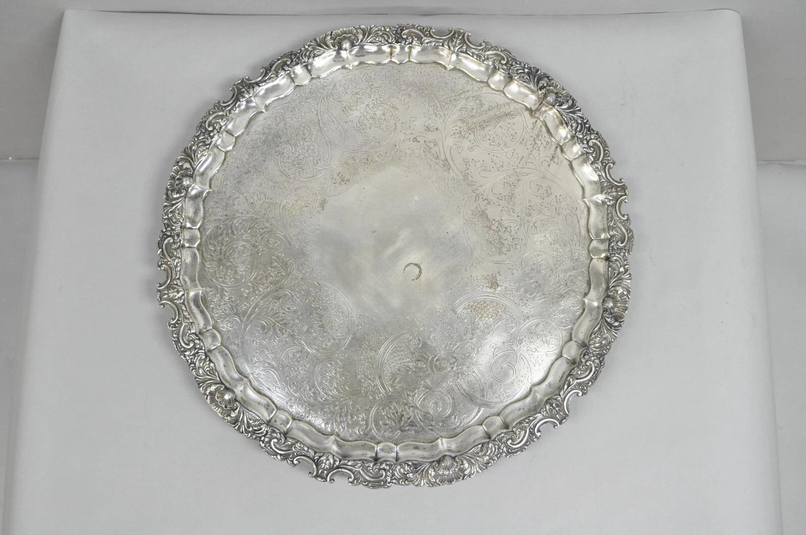 Ancien plateau de service rond de 22 pouces en métal argenté de style victorien anglais en vente 4