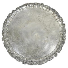 Antique English Victorian 22" Round Silver Plated Serving Platter Salver Tray