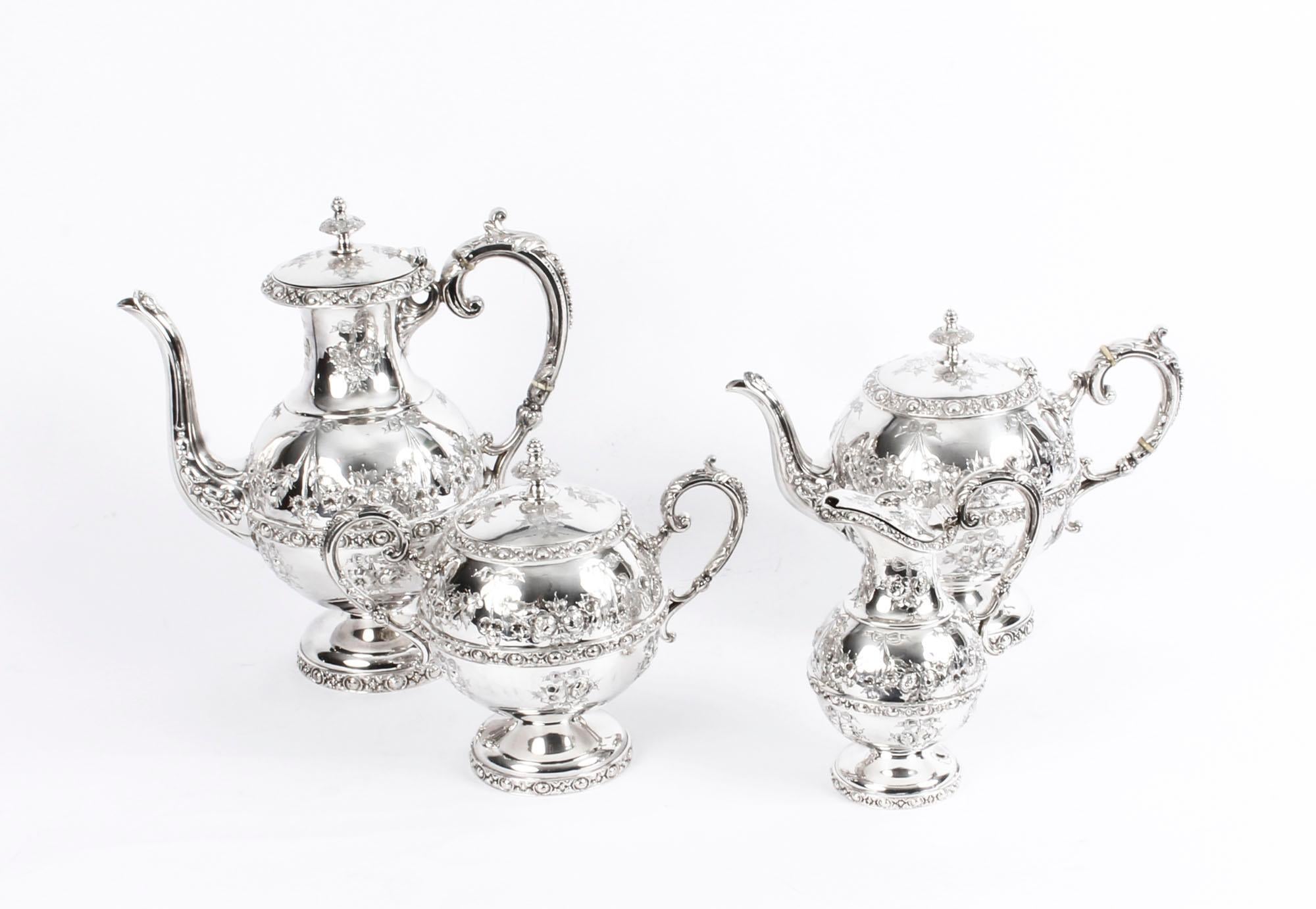 This is a very impressive antique English Victorian silver plated five-piece tea and coffee set by the renowned silversmiths, John Round & Son, Sheffield, circa 1880 in date.
 
This magnificent set comprises a wonderful coffee pot, teapot, sugar