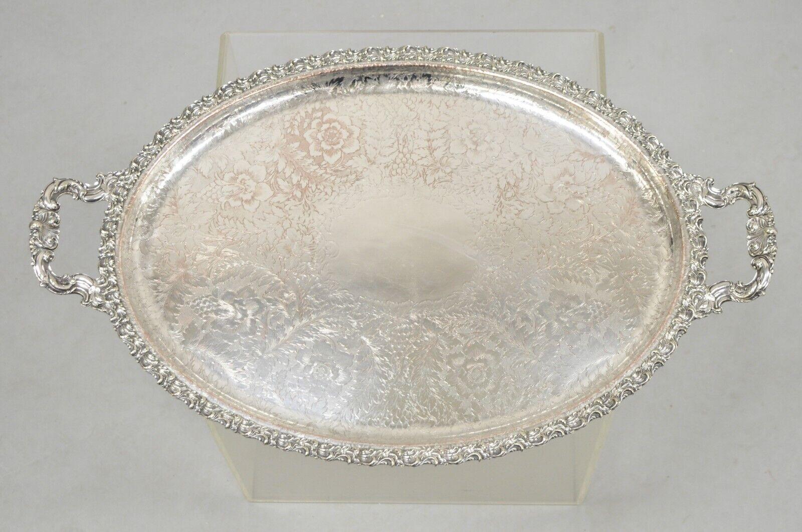 Antique English Victorian Art Nouveau Floral Repousse Oval Serving Platter Tray For Sale 7