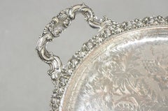 Antique English Victorian Art Nouveau Floral Repousse Oval Serving Platter Tray