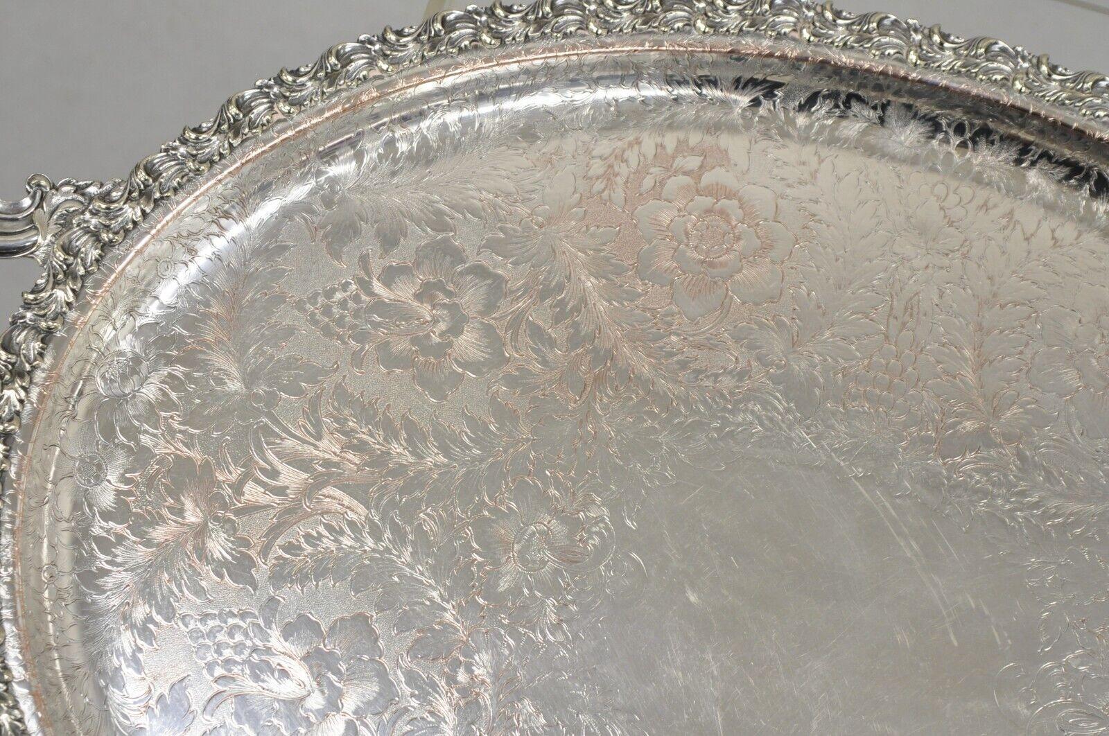 Silver Plate Antique English Victorian Art Nouveau Floral Repousse Oval Serving Platter Tray For Sale