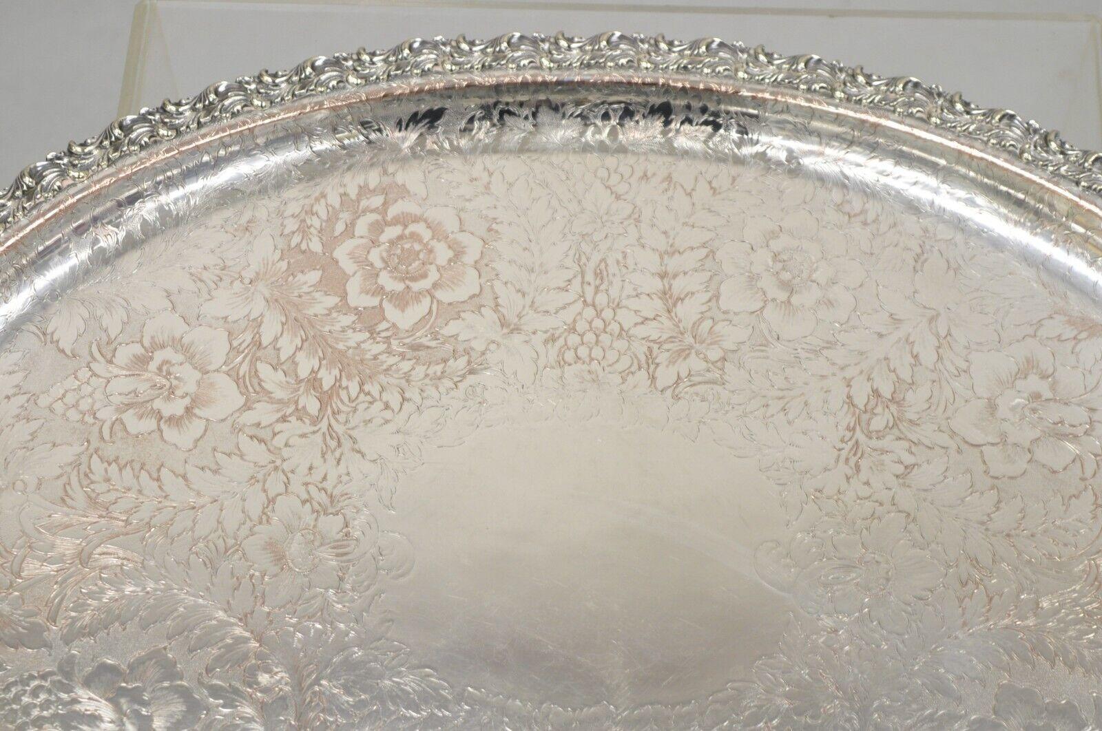 Antique English Victorian Art Nouveau Floral Repousse Oval Serving Platter Tray For Sale 1