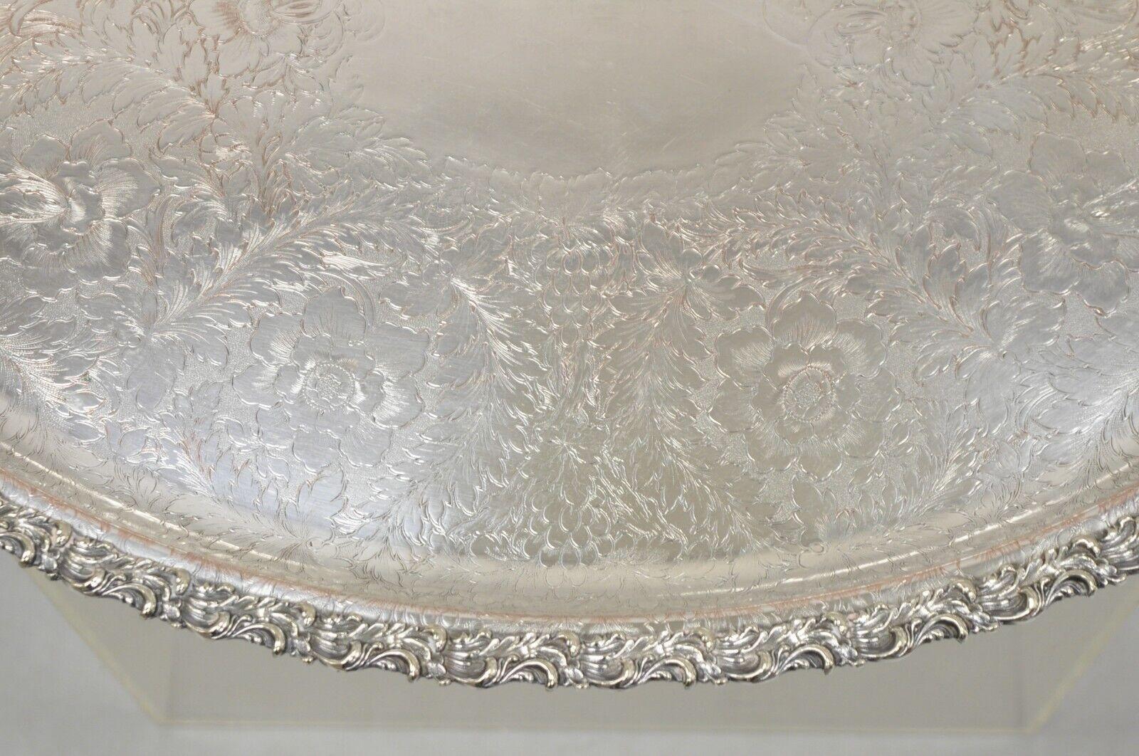 Antique English Victorian Art Nouveau Floral Repousse Oval Serving Platter Tray For Sale 2