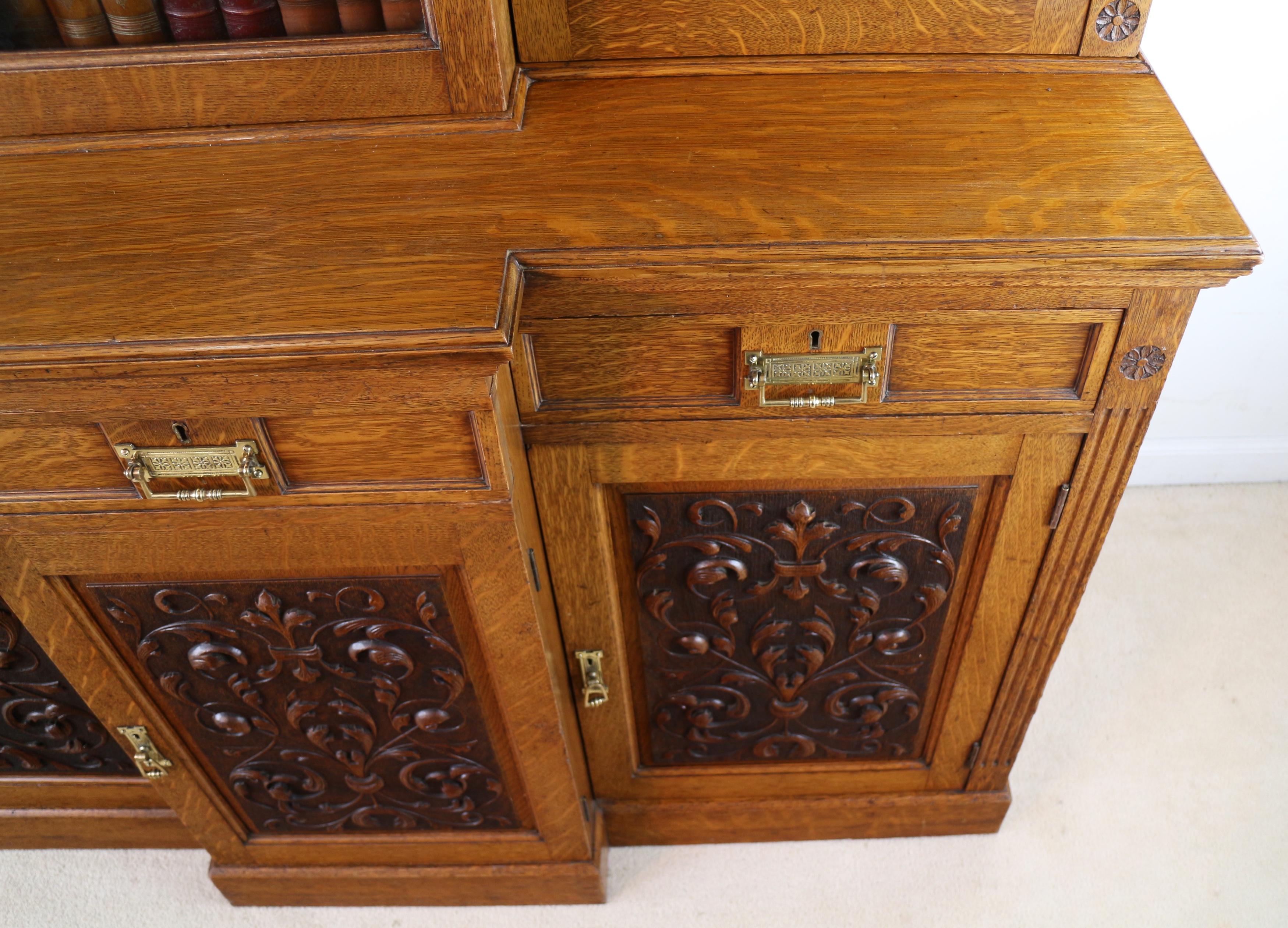 Antique English Victorian Art Nouveau Oak Breakfront Bookcase Display Cabinet 4
