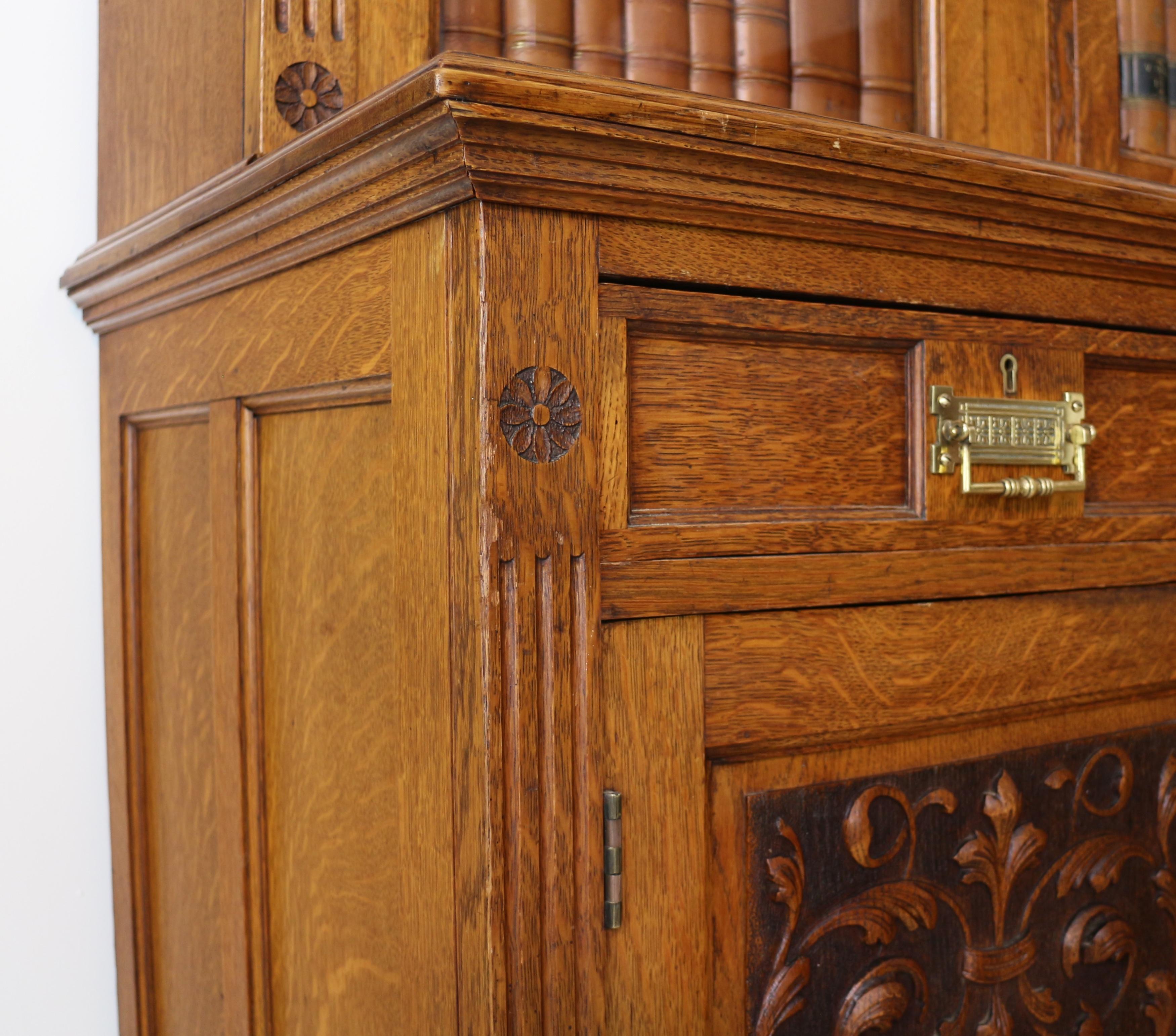 Antique English Victorian Art Nouveau Oak Breakfront Bookcase Display Cabinet 7