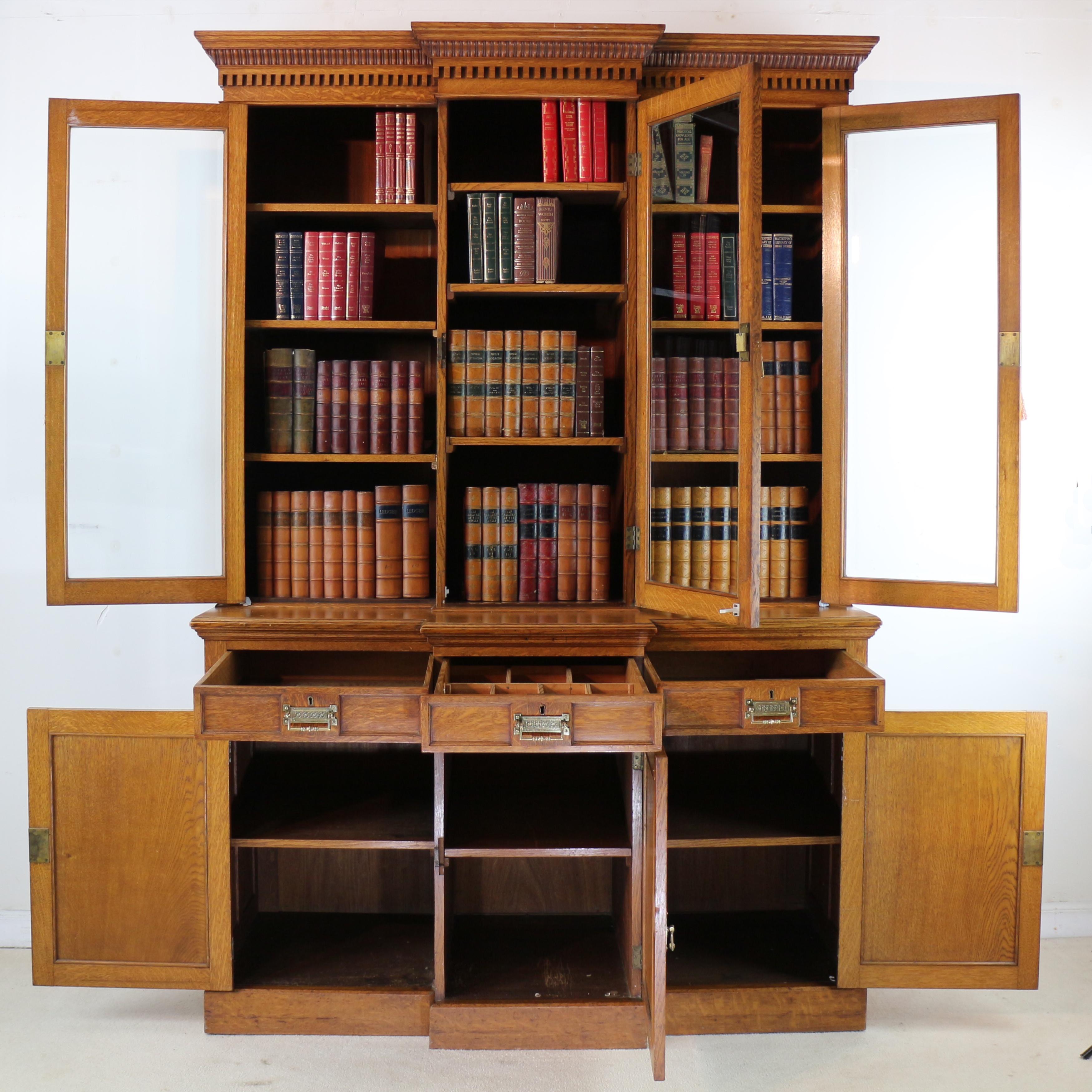 Antique English Victorian Art Nouveau Oak Breakfront Bookcase Display Cabinet For Sale 11
