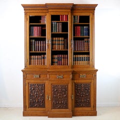 Antique English Victorian Art Nouveau Oak Breakfront Bookcase Display Cabinet
