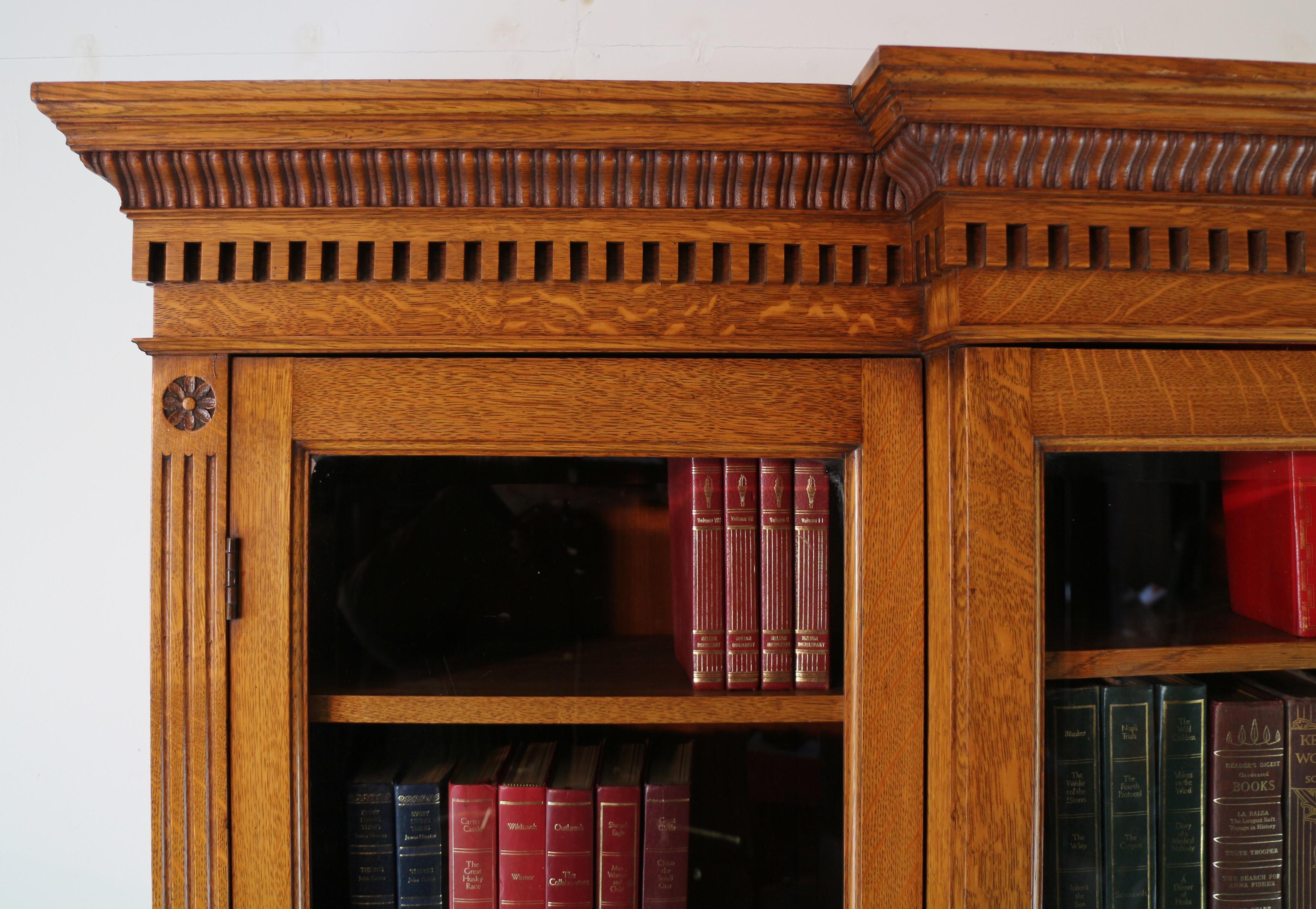 Glass Antique English Victorian Art Nouveau Oak Breakfront Bookcase Display Cabinet For Sale