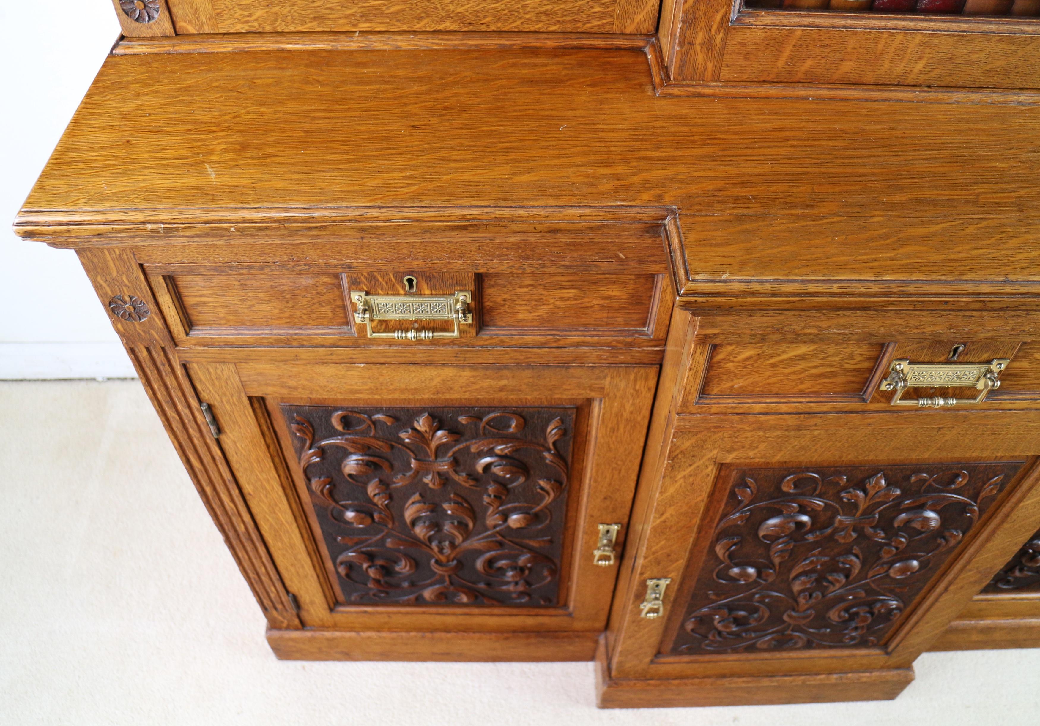 Antique English Victorian Art Nouveau Oak Breakfront Bookcase Display Cabinet 3