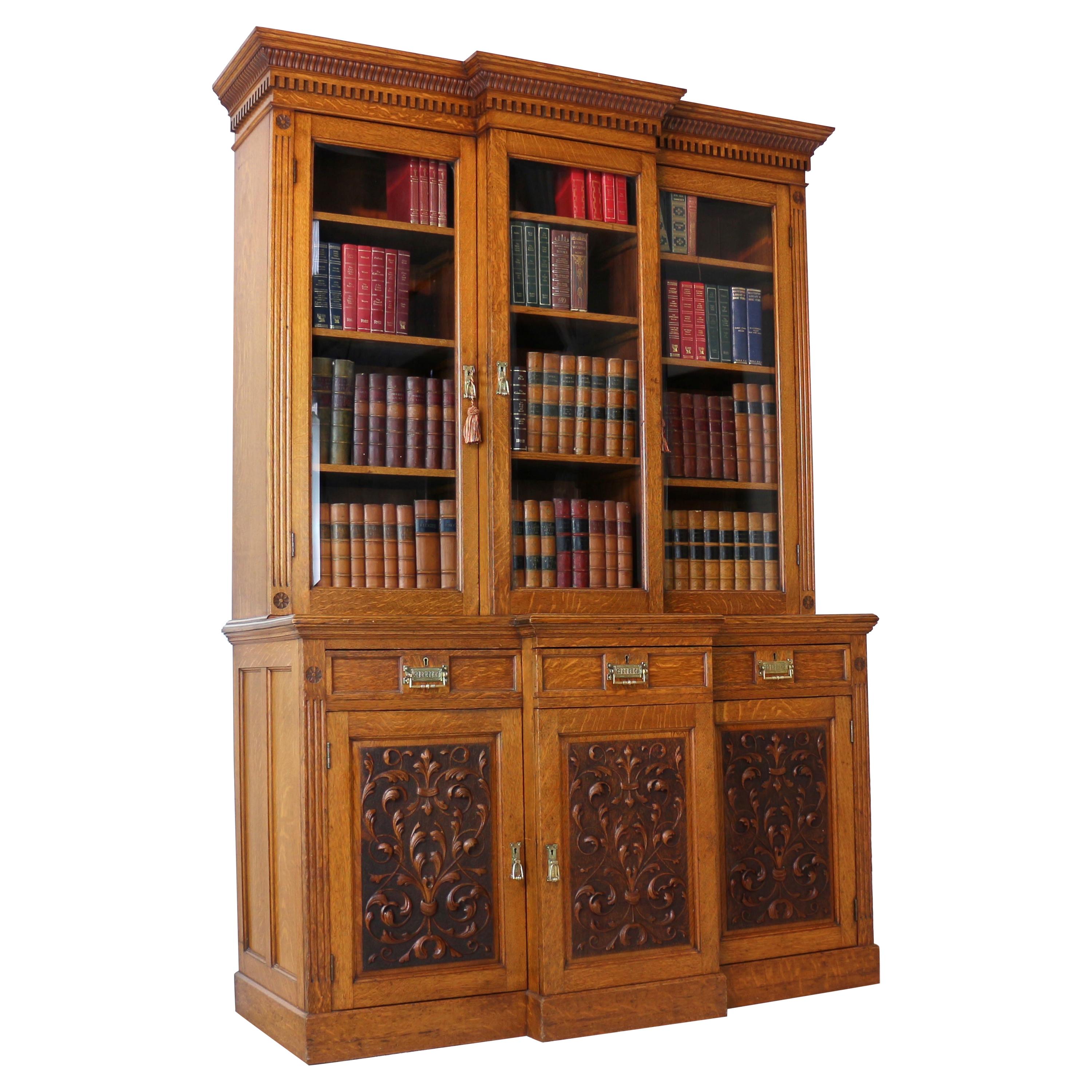 Antique English Victorian Art Nouveau Oak Breakfront Bookcase Display Cabinet