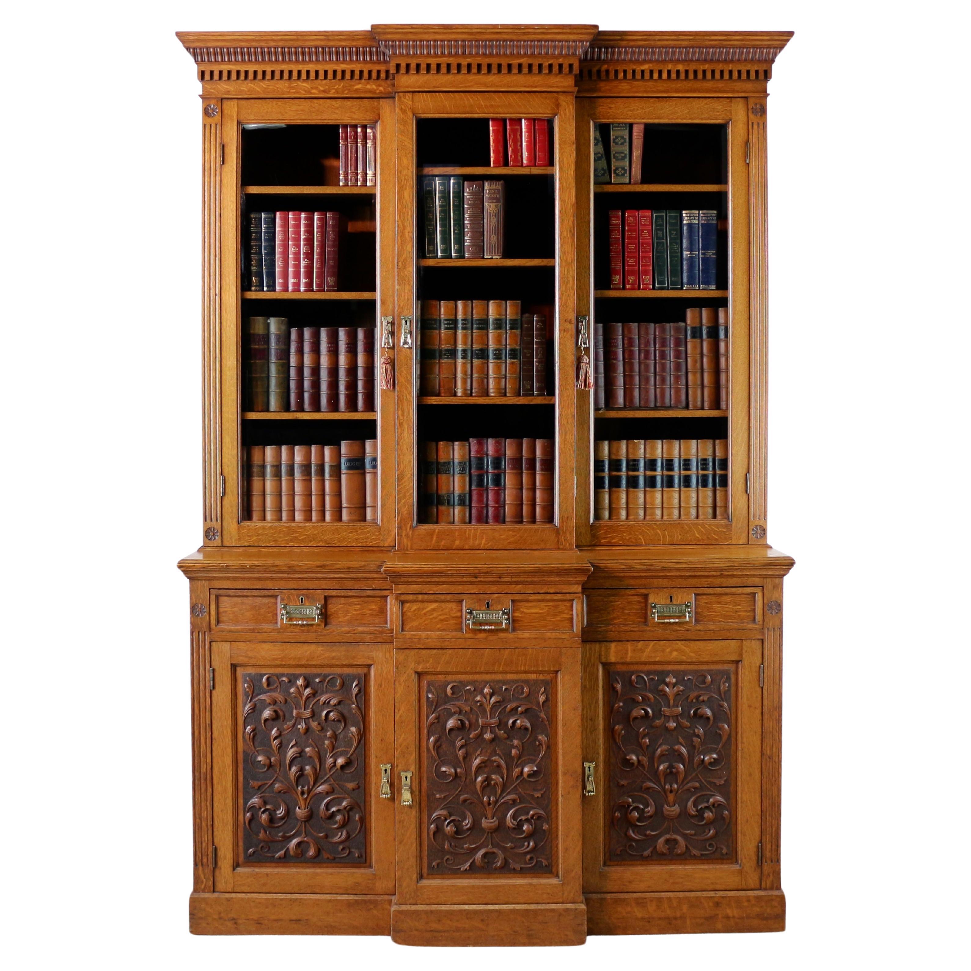 Antique English Victorian Art Nouveau Oak Breakfront Bookcase Display Cabinet For Sale