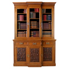 Vintage English Victorian Art Nouveau Oak Breakfront Bookcase Display Cabinet