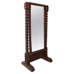 Antique English Victorian Arts & Crafts Barley Twist Oak Cheval Mirror