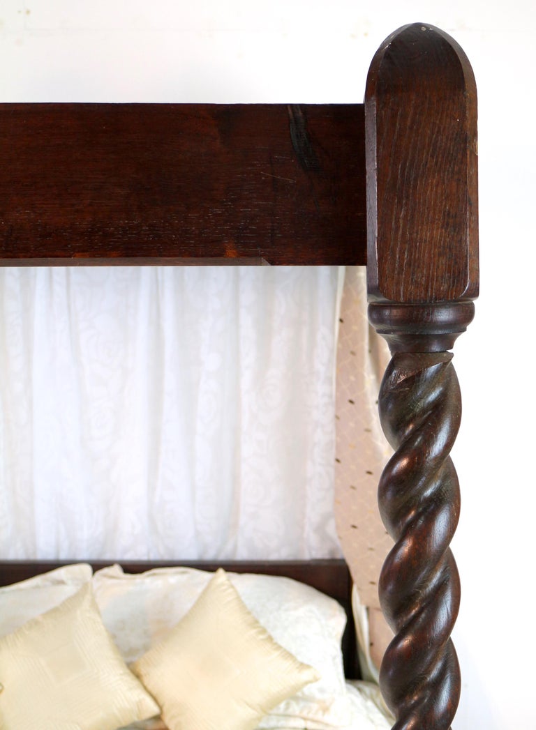 Antique English Victorian Arts and Crafts Oak Four Poster Bed For Sale