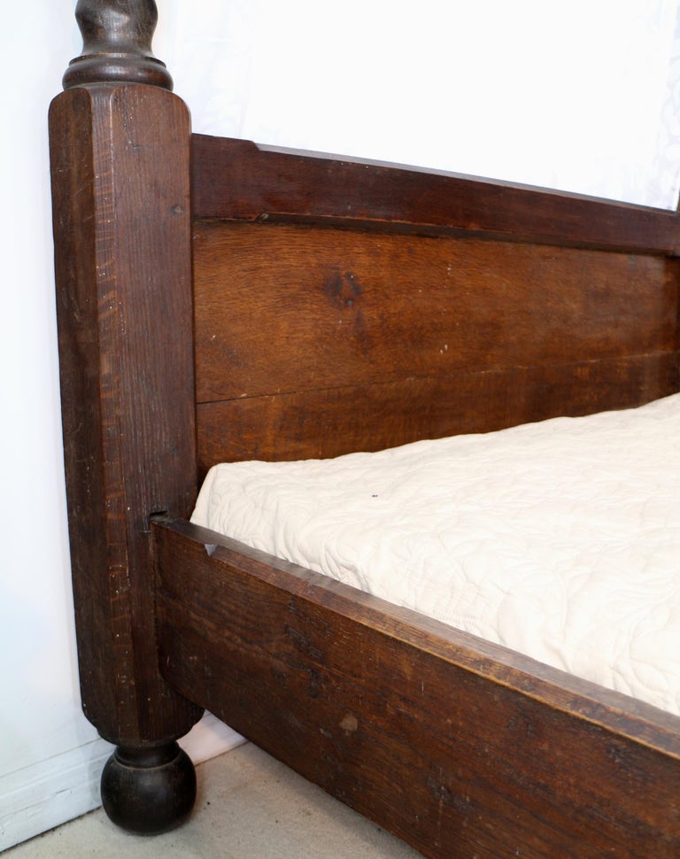 Antique English Victorian Arts and Crafts Oak Four Poster Bed For Sale
