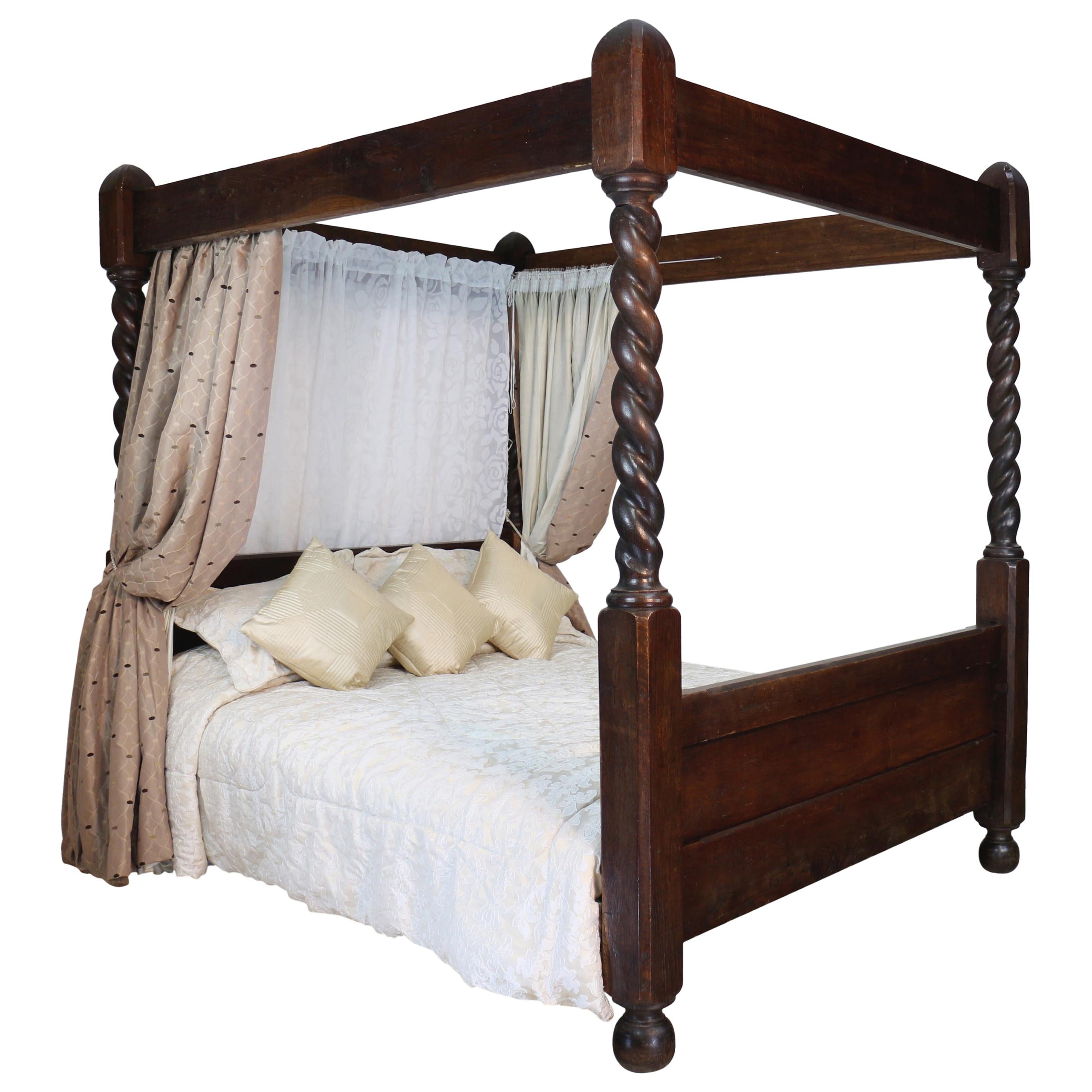 Antique English Victorian Arts & Crafts Oak Four Poster Bed