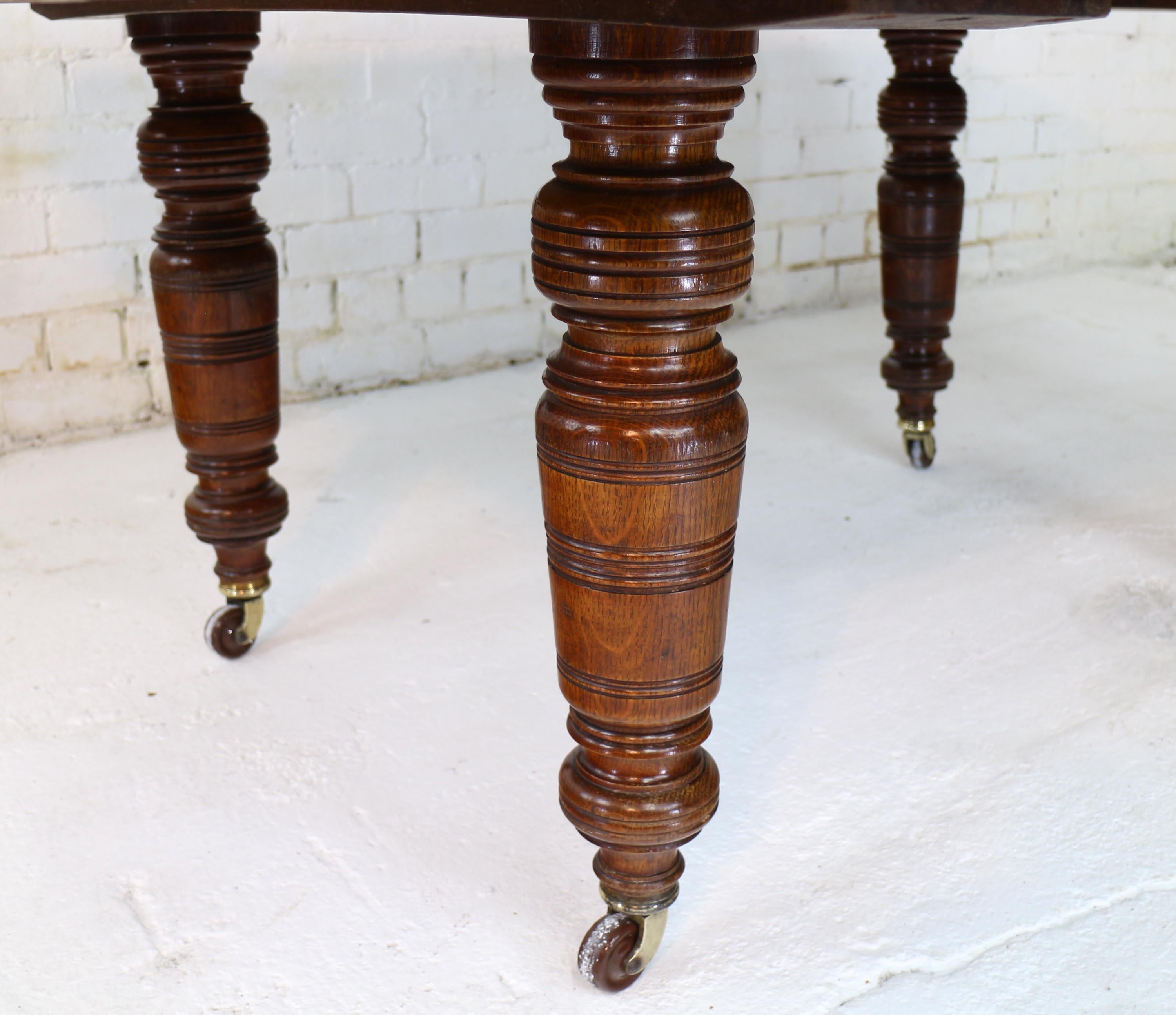 Antique English Victorian Arts & Crafts Oak Dining Table and 2 Leaves, Seats 10 3