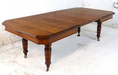 Antique English Victorian Arts & Crafts Oak Dining Table and 2 Leaves, Seats 10