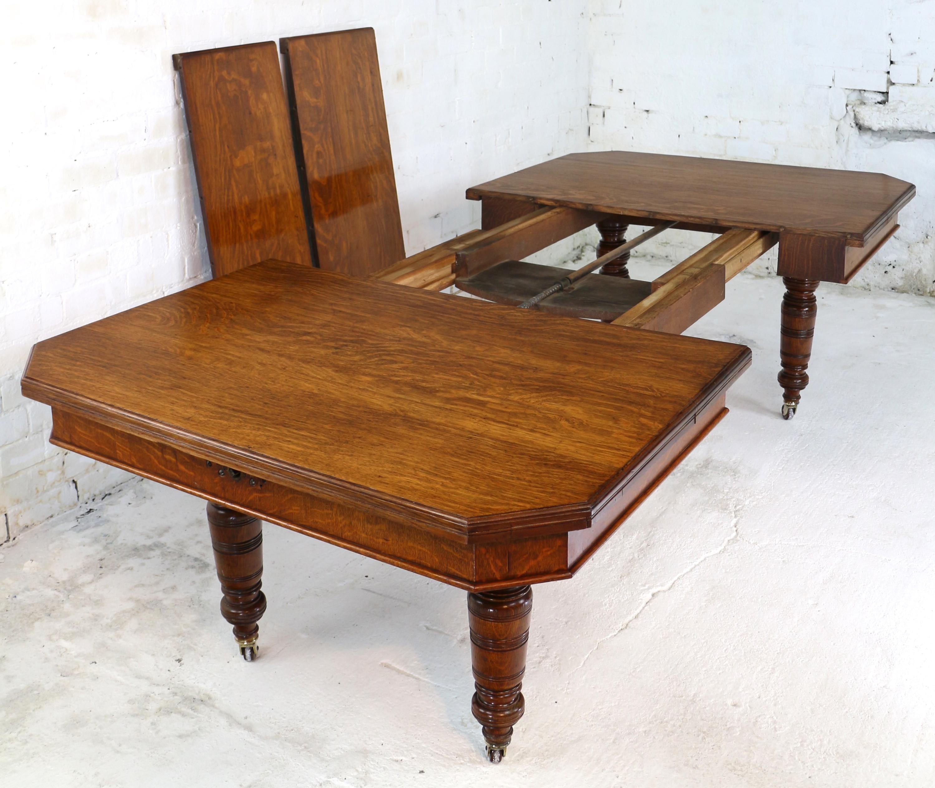 Arts and Crafts Antique English Victorian Arts & Crafts Oak Dining Table and 2 Leaves, Seats 10