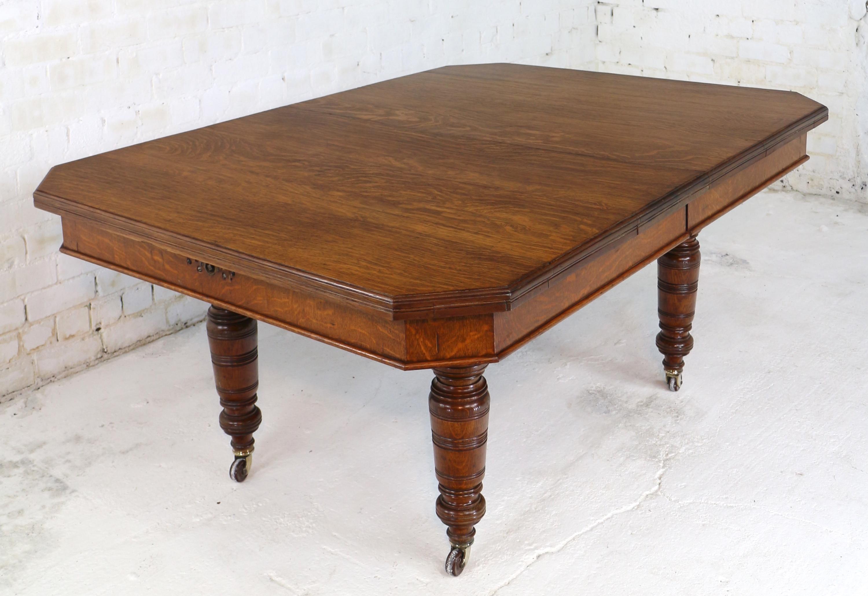 19th Century Antique English Victorian Arts & Crafts Oak Dining Table and 2 Leaves, Seats 10