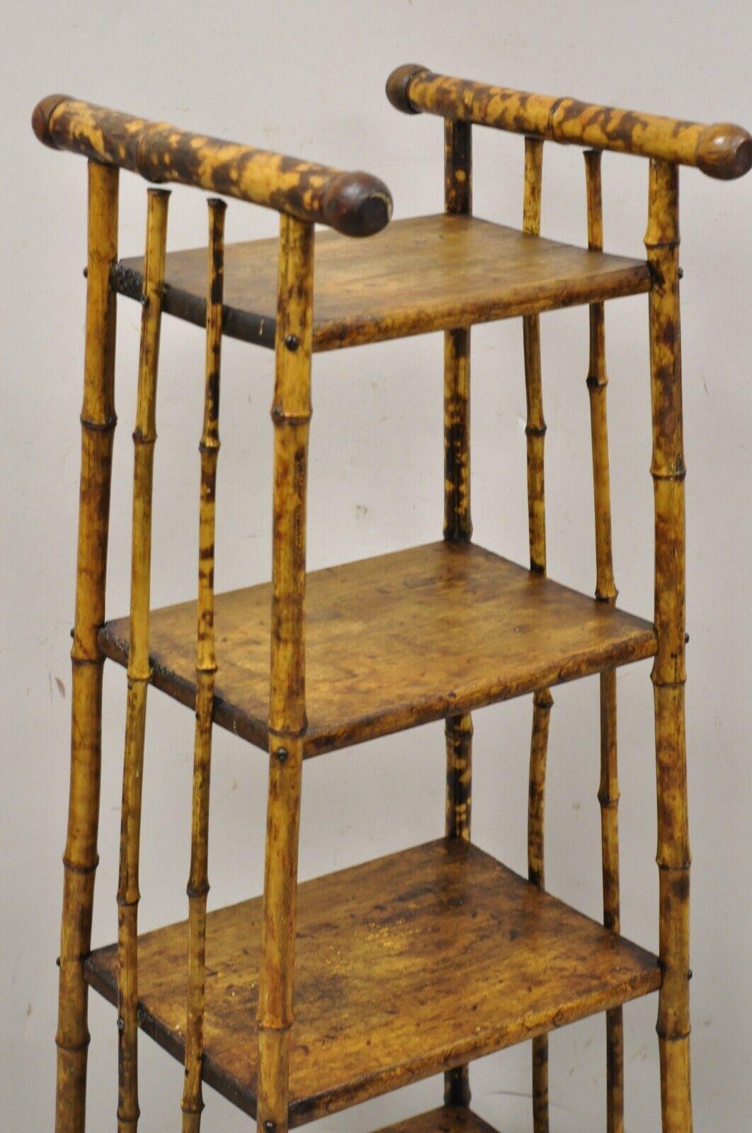 Antique English Victorian Bamboo 4 Tier Angled Curio Etagere Shelf Stand In Good Condition In Philadelphia, PA