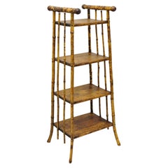 Antique English Victorian Bamboo 4 Tier Angled Curio Etagere Shelf Stand