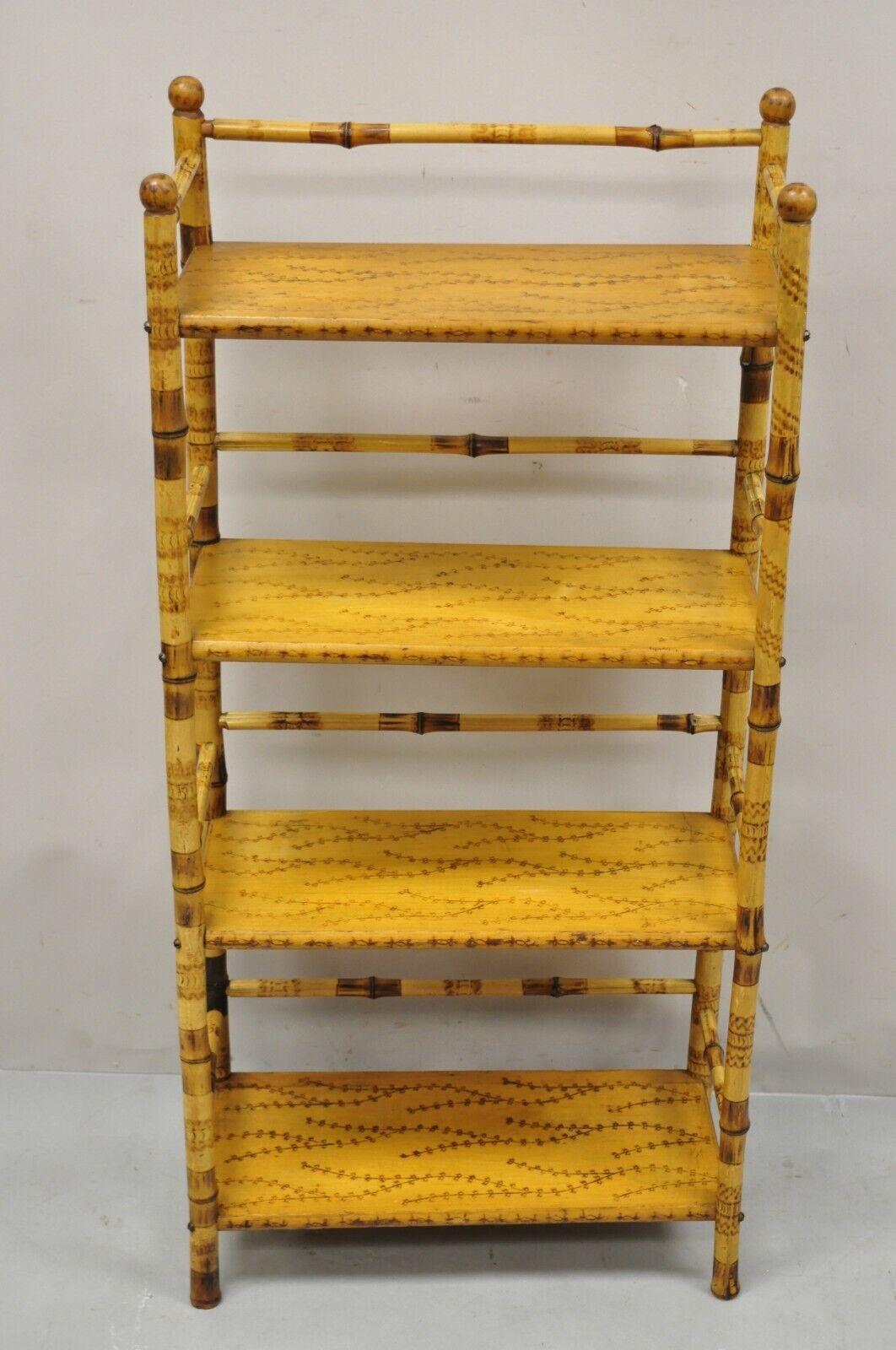 Antique English Victorian bamboo 5 tier whatnot shelf display Stand bookcase. Item features Burn carved decoration, bamboo construction, 4 wooden shelves, very nice antique, quality English craftsmanship. Circa 19th Century. Measurements: 44